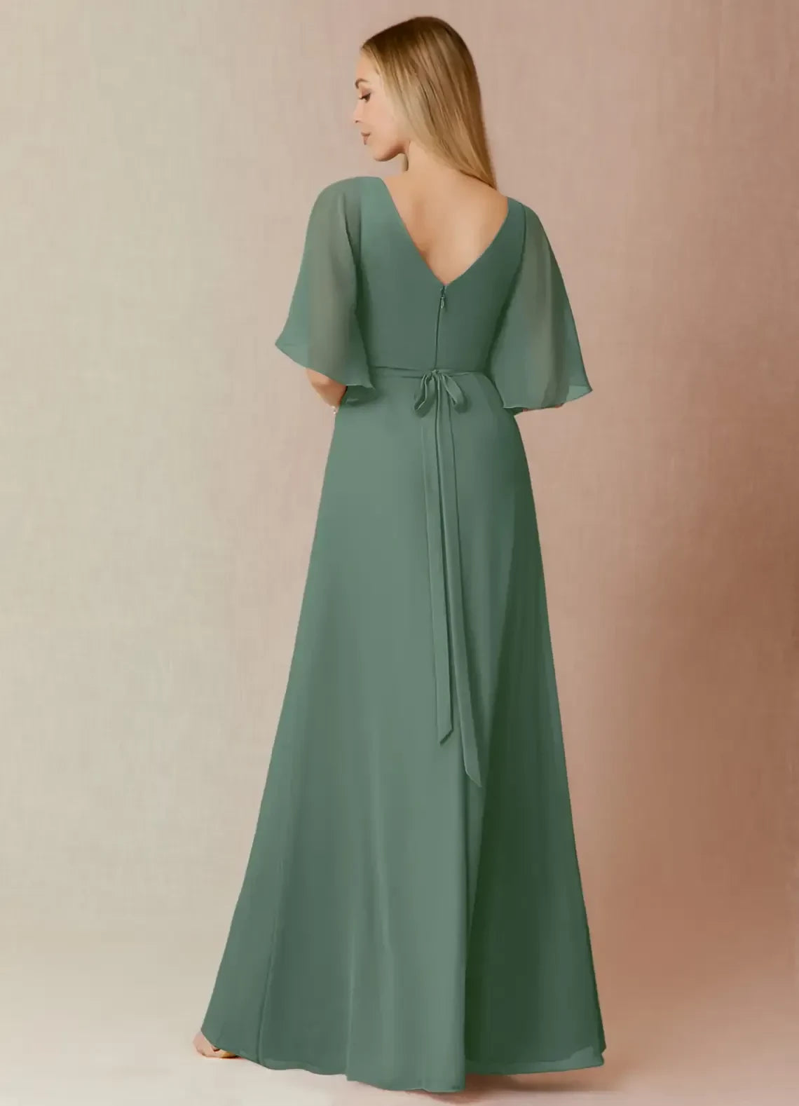 Delightful A Line V Neck Flutter Sleeve Tie Back Floor Length Bridesmaid Dress