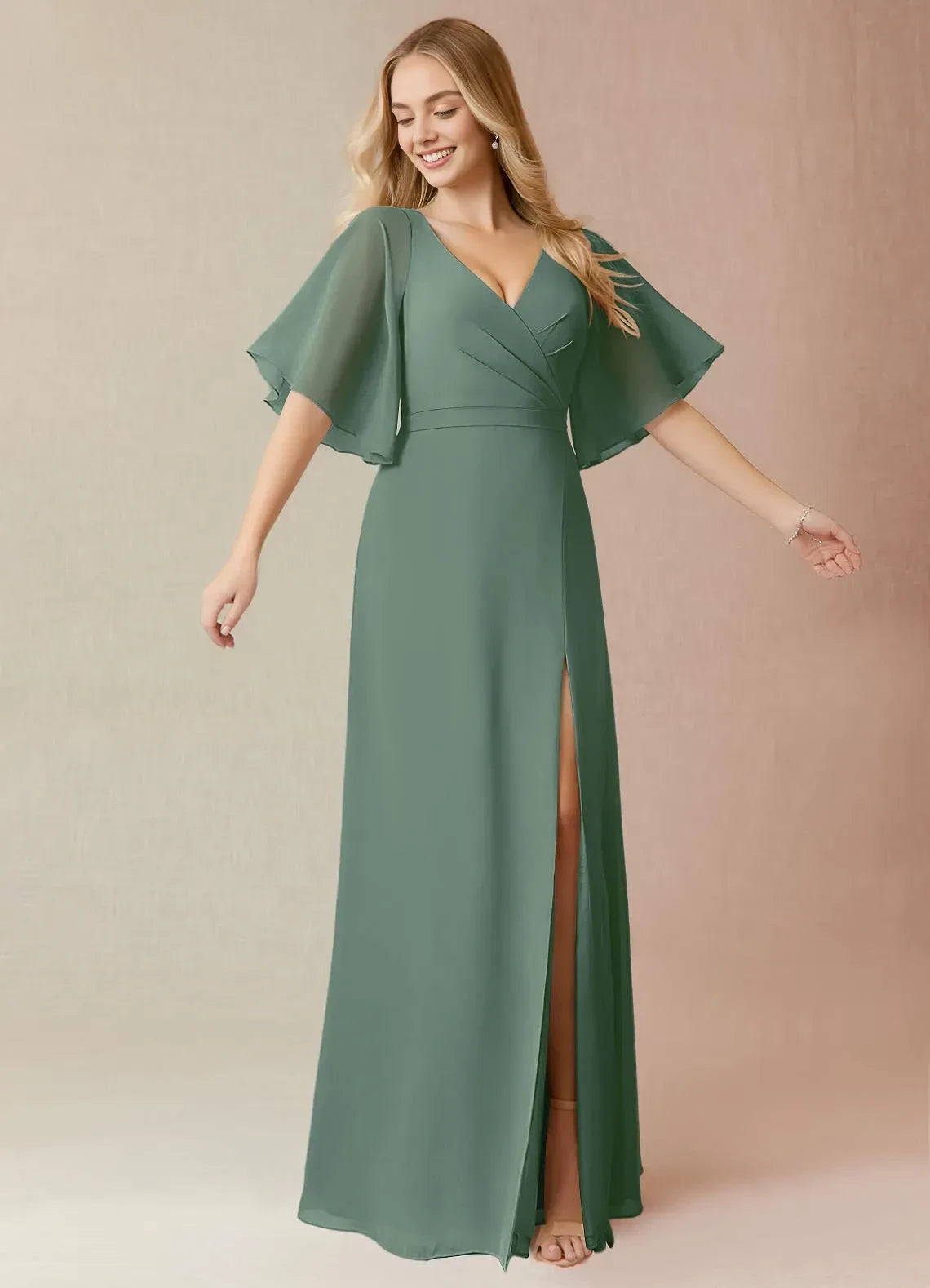 Delightful A Line V Neck Flutter Sleeve Tie Back Floor Length Bridesmaid Dress