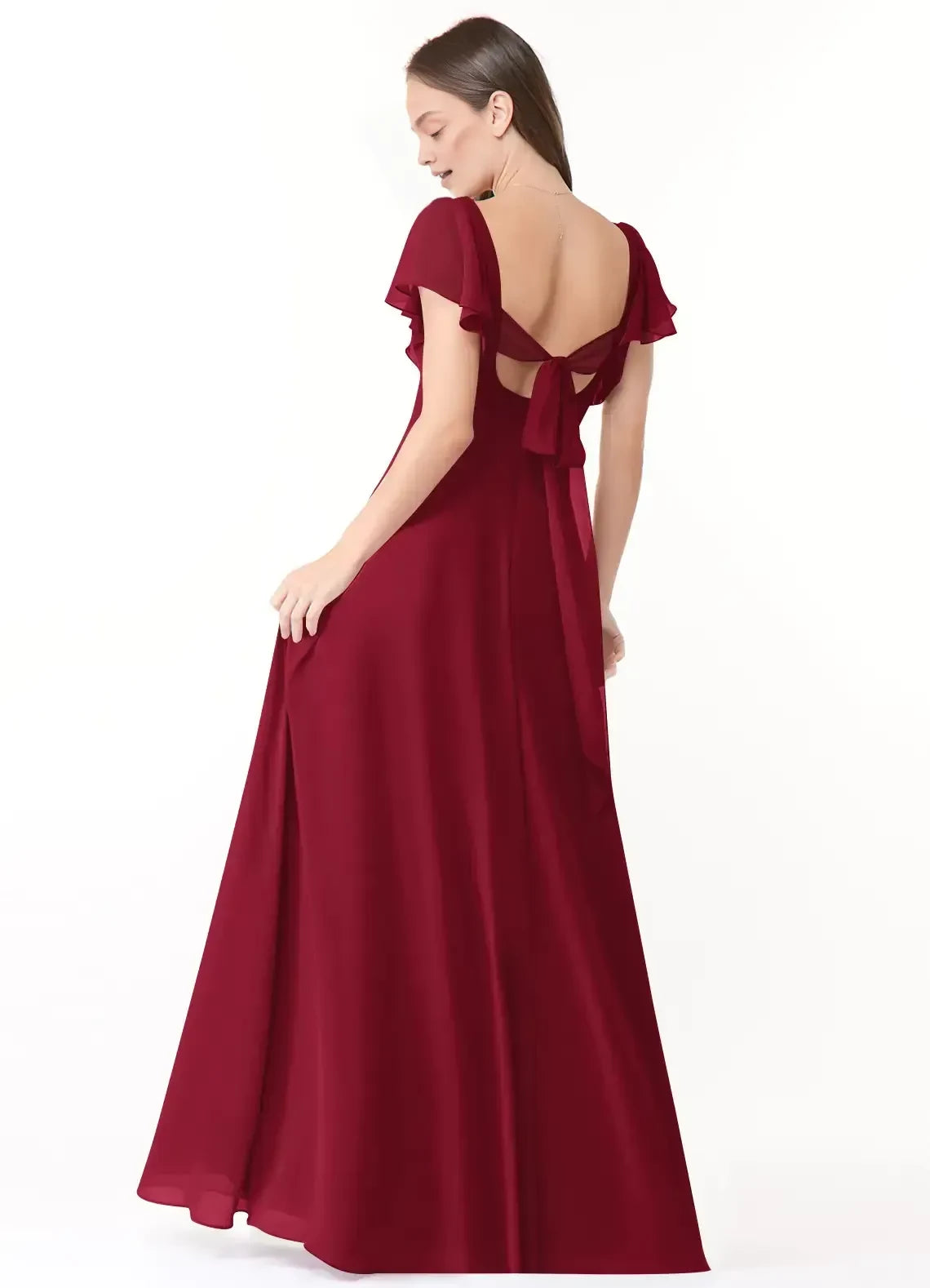 Delightful A Line V Neck Ruffled Sleeve Bow Back Floor Length Bridesmaid Dress ﻿