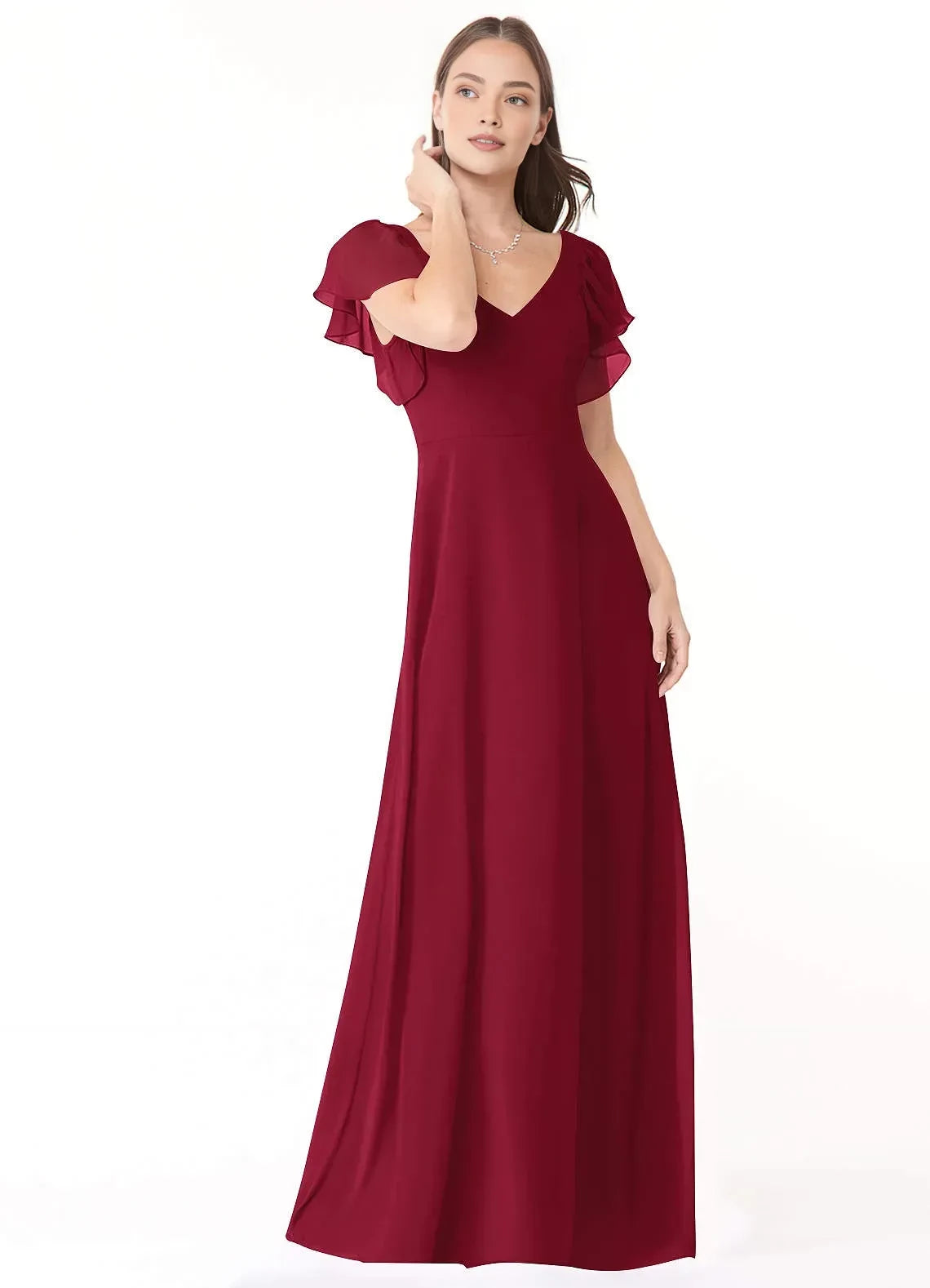 Delightful A Line V Neck Ruffled Sleeve Bow Back Floor Length Bridesmaid Dress ﻿