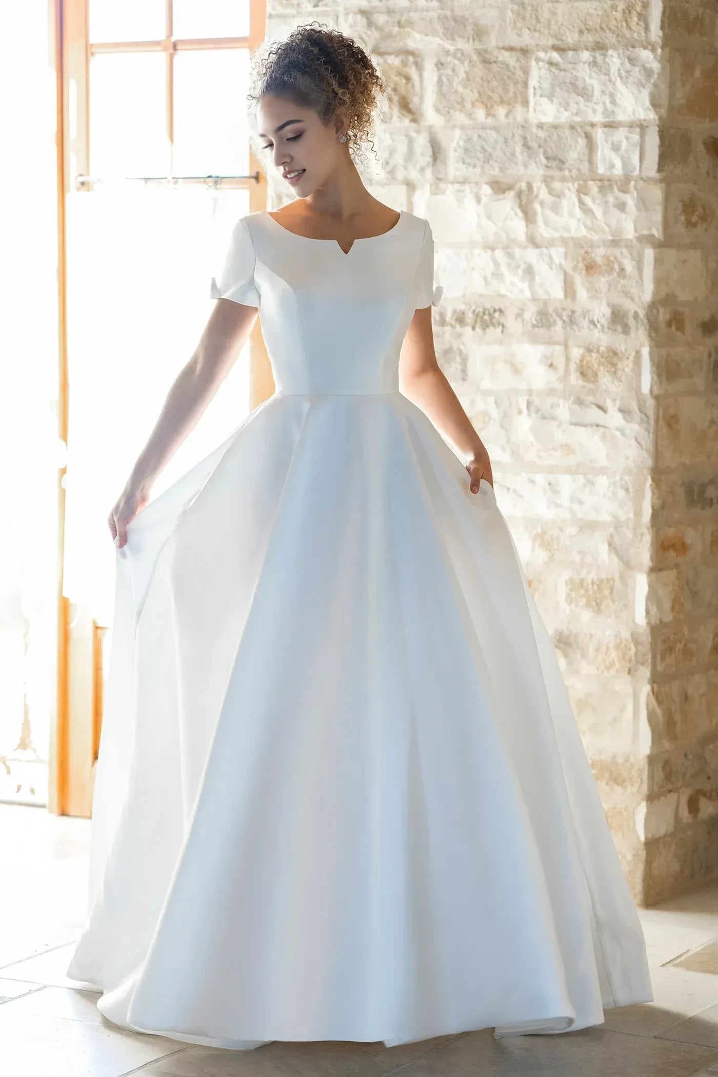 Delightful Ball Gown Keyhole Neck Short Sleeve Bow Back Floor Length Wedding Dress