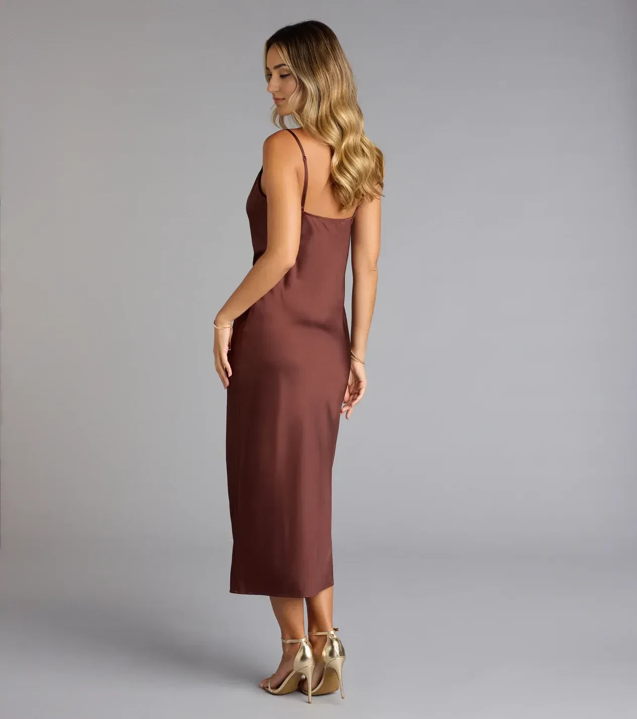 Delightful Sheath Cowl Neck Spaghetti Strap Open Back Midi Length Bridesmaid Dress