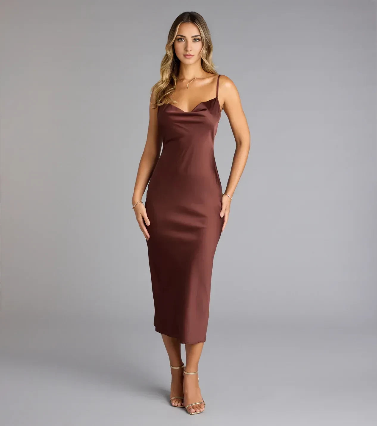 Delightful Sheath Cowl Neck Spaghetti Strap Open Back Midi Length Bridesmaid Dress