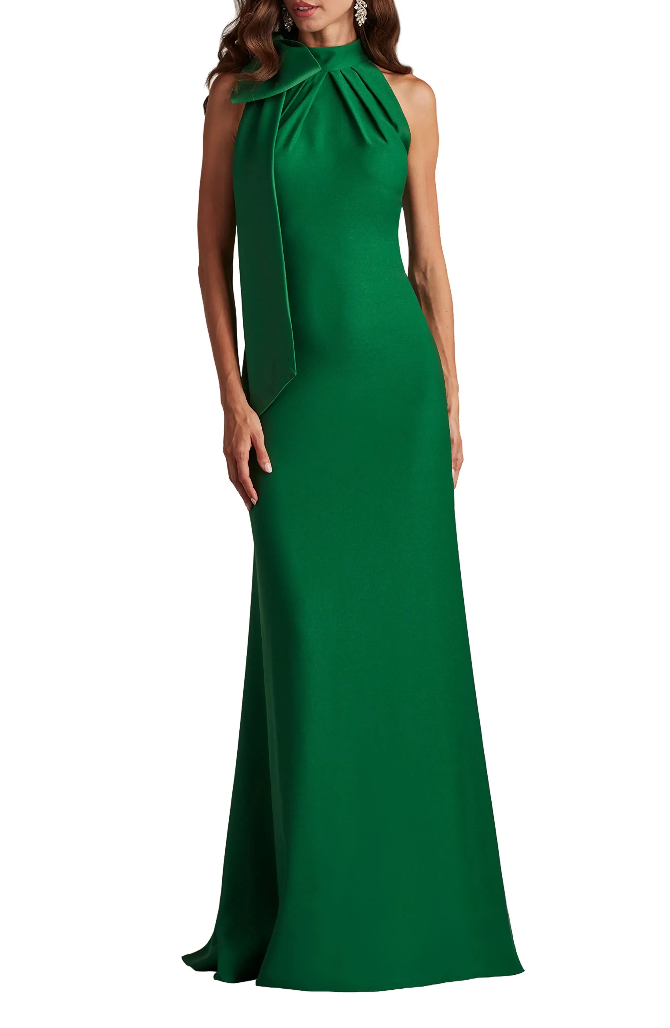 Delightful Sheath High Neck Bow Accent Sleeveless Open Back Floor Length Evening Dress