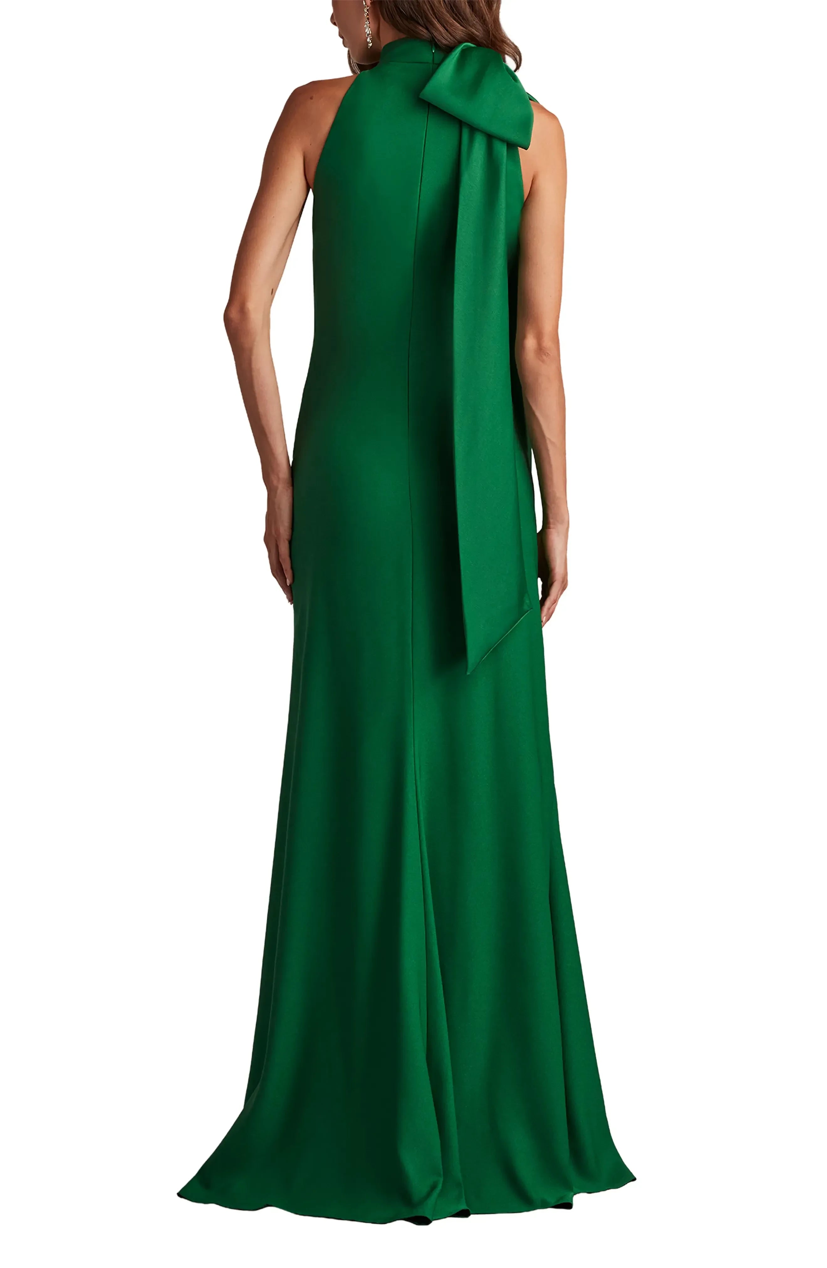 Delightful Sheath High Neck Bow Accent Sleeveless Open Back Floor Length Evening Dress