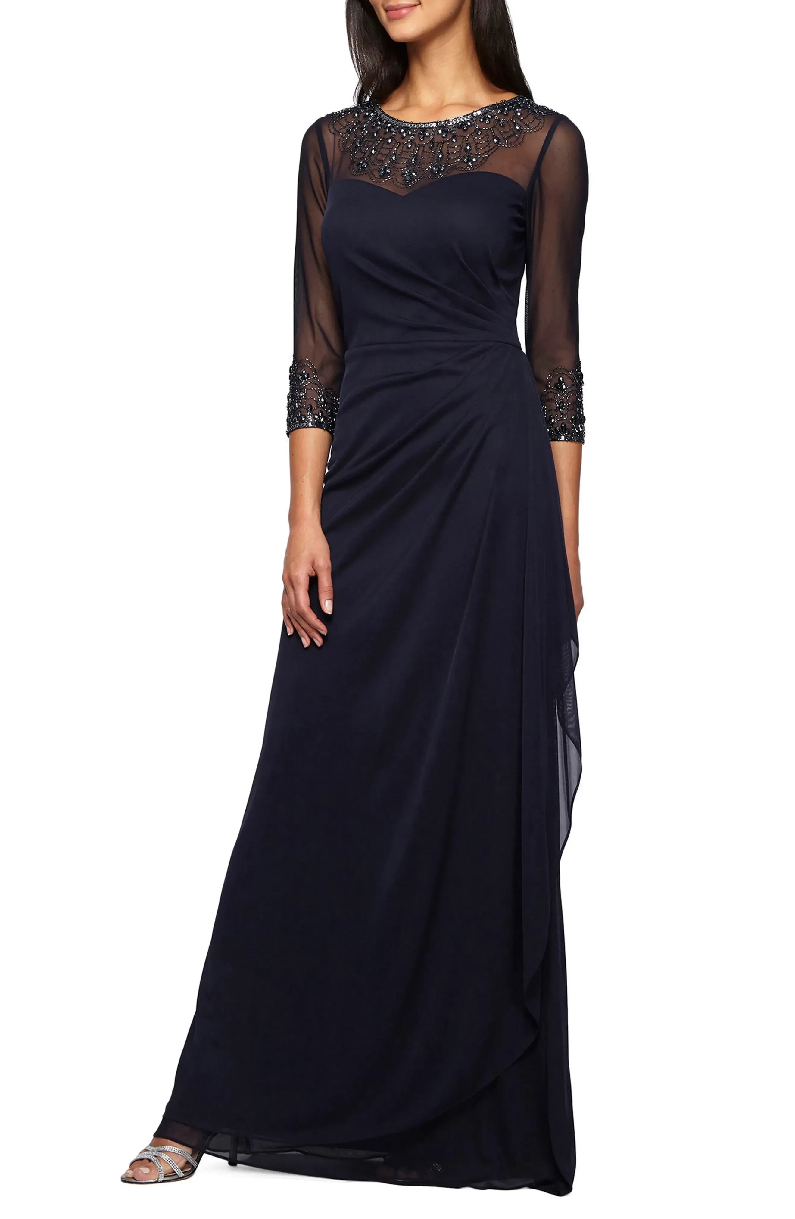 Delightful Sheath Illusion Neck Three Quarter Sleeve Ruched Back Floor Length Evening Dress