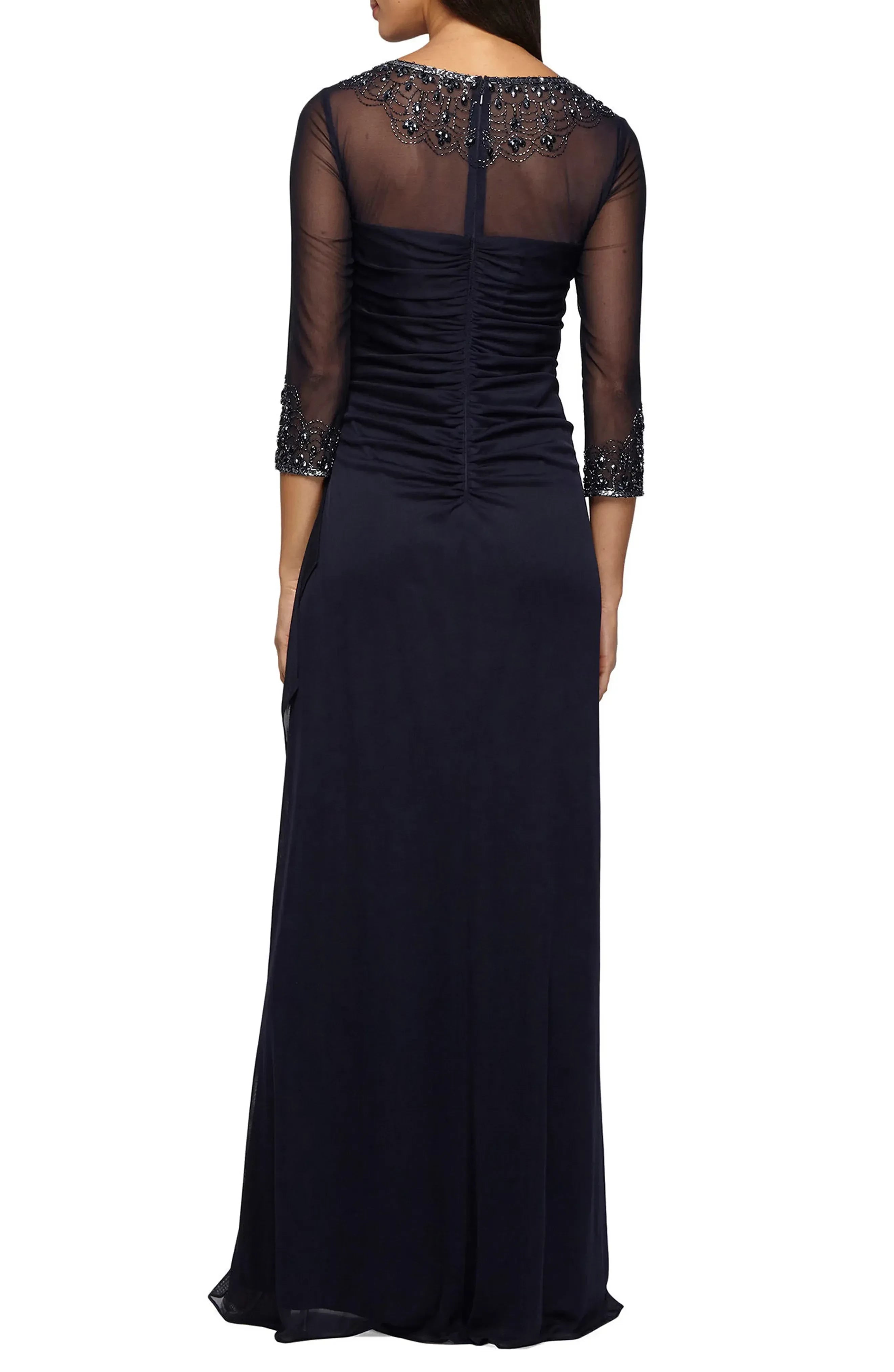 Delightful Sheath Illusion Neck Three Quarter Sleeve Ruched Back Floor Length Evening Dress