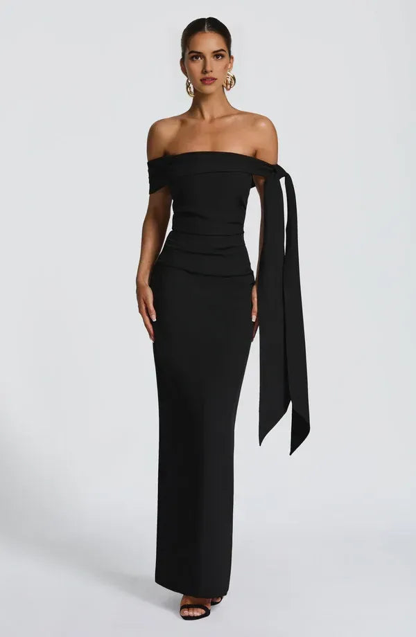 Distinct Sheath Off Shoulder Sash Detail Back Zipper High Slit Floor Length For Ladies Prom Dress