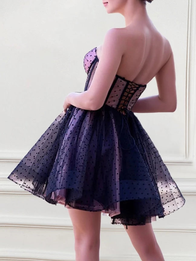 Dotted Tulle Princess Sweetheart Sleeveless Mini Party Dance Cocktail Homecoming Dress