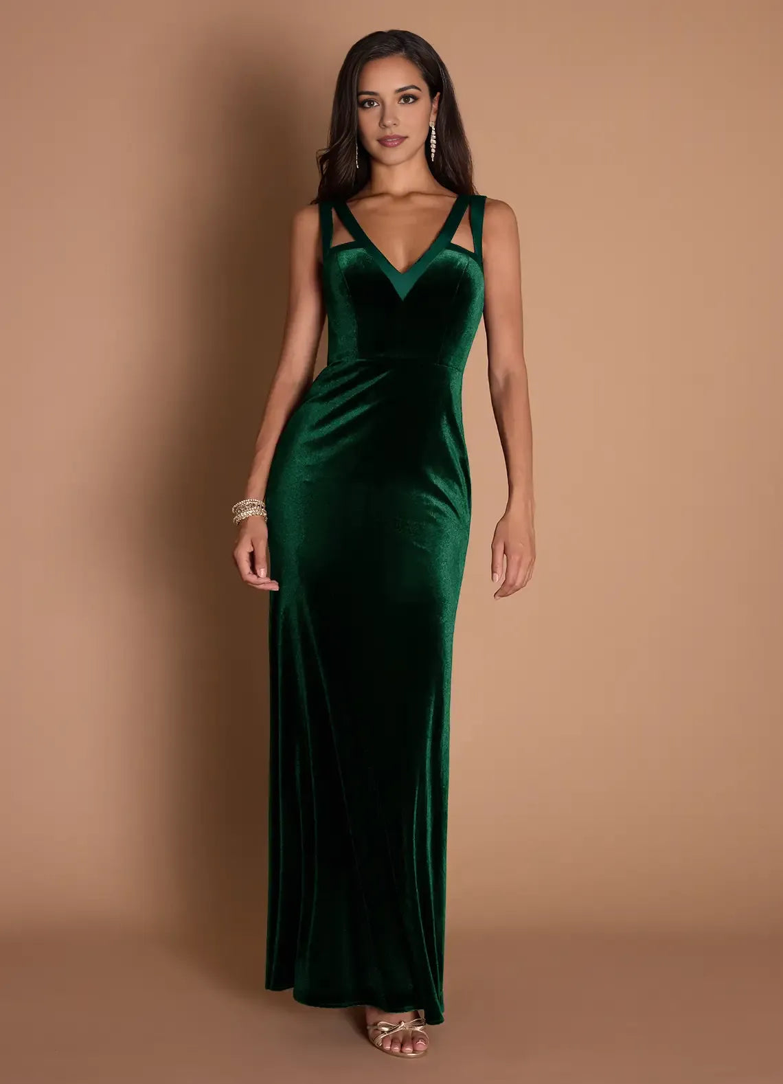 Double Strap V Neck Velvet Sheath Open Back Floor Length Hot sale Prom Dress