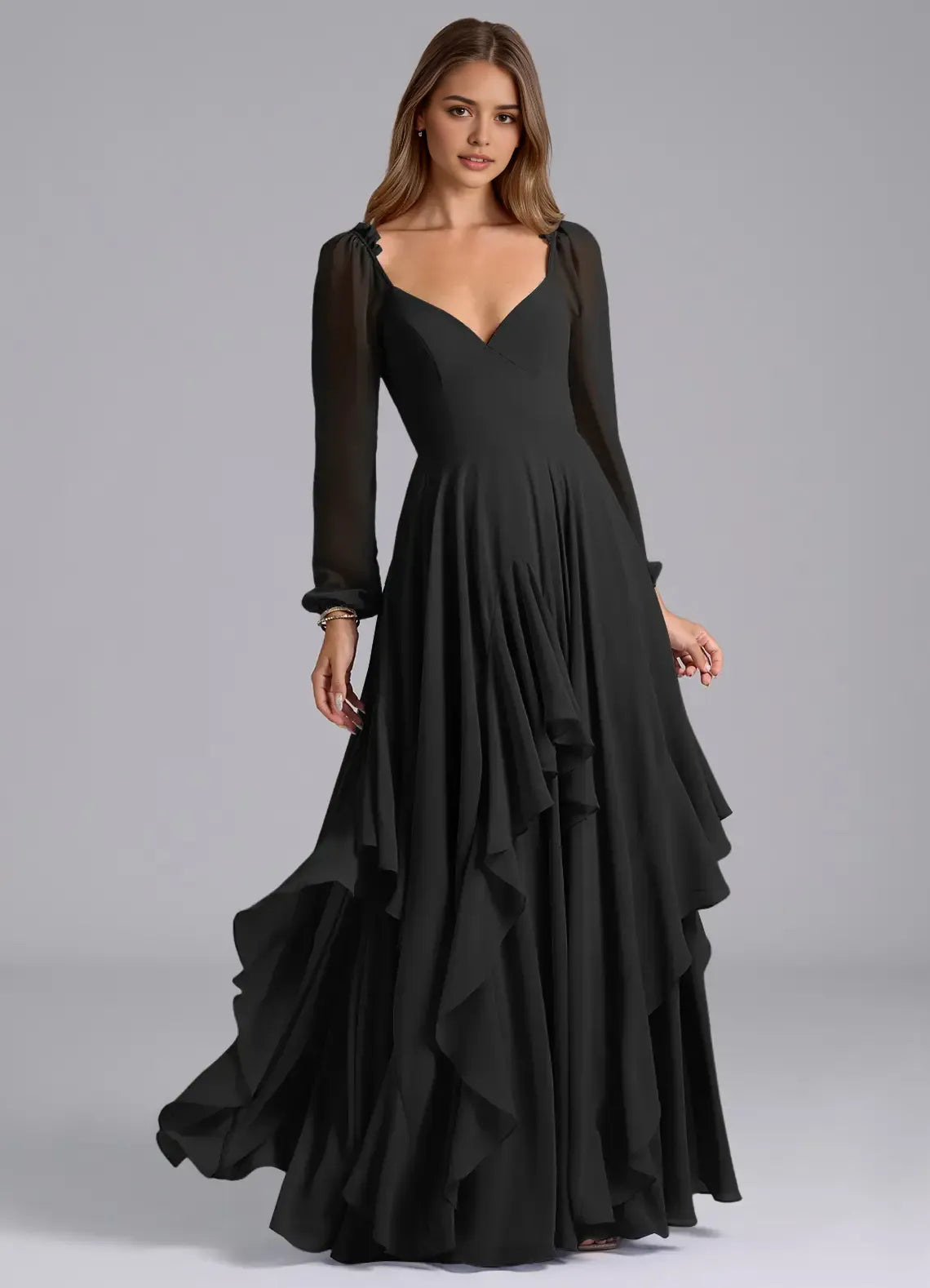Dramatic A Line Deep V Sheer Long Sleeve Open Back Floor Length For Sale Prom Dress ﻿