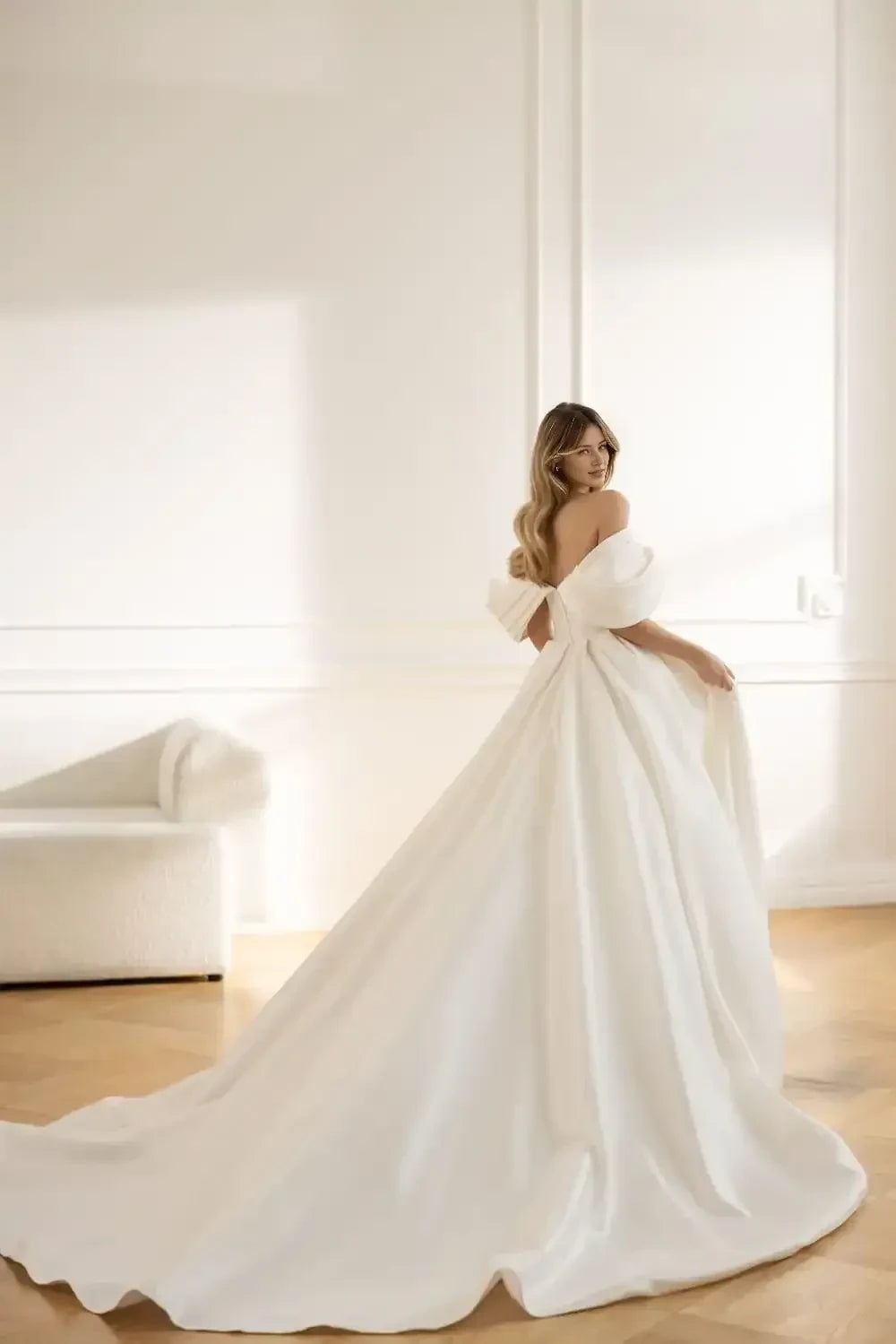 Dramatic Ball Gown Off Shoulder Statement Short Sleeve Open Back Long Length Wedding Dress
