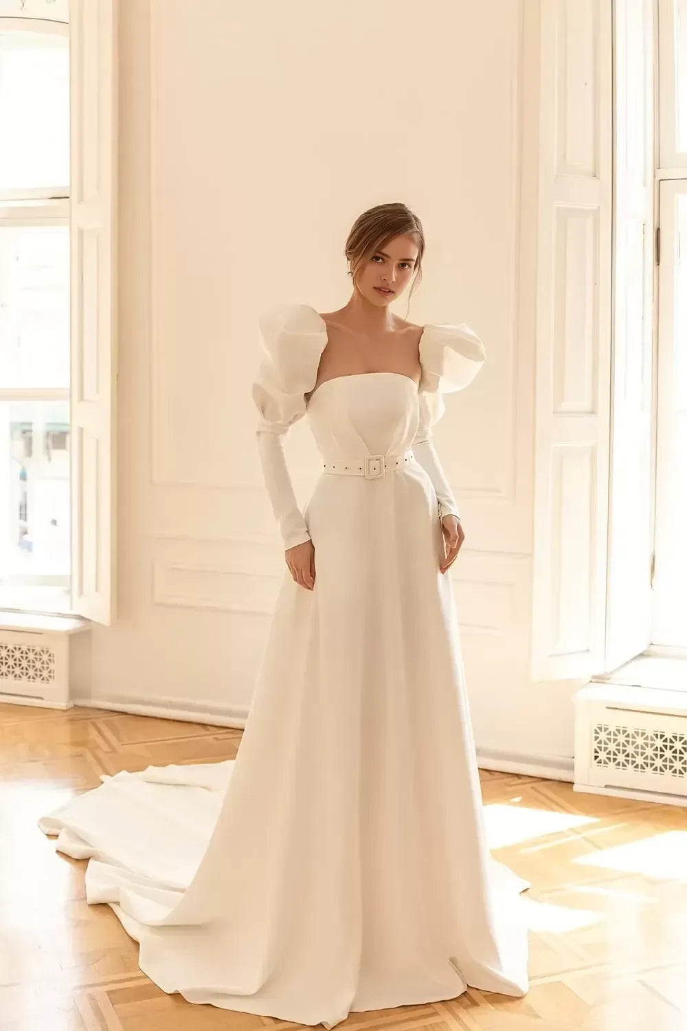 Dramatic Ball Gown Strapless Puff Long Sleeve Open Back Long Length Wedding Dress