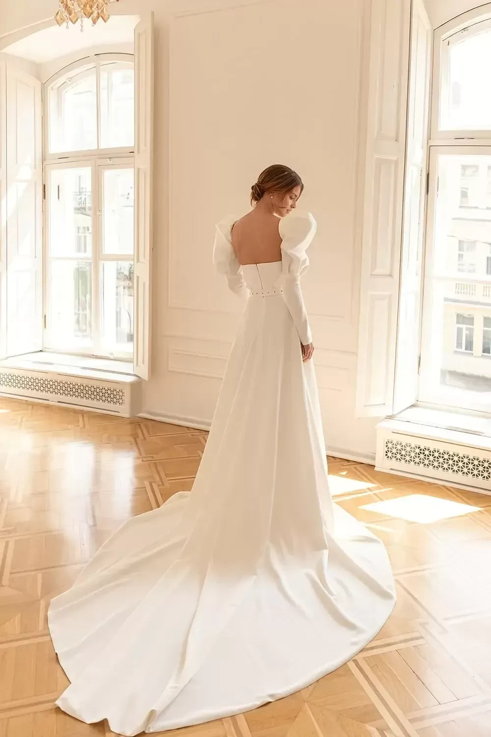 Dramatic Ball Gown Strapless Puff Long Sleeve Open Back Long Length Wedding Dress