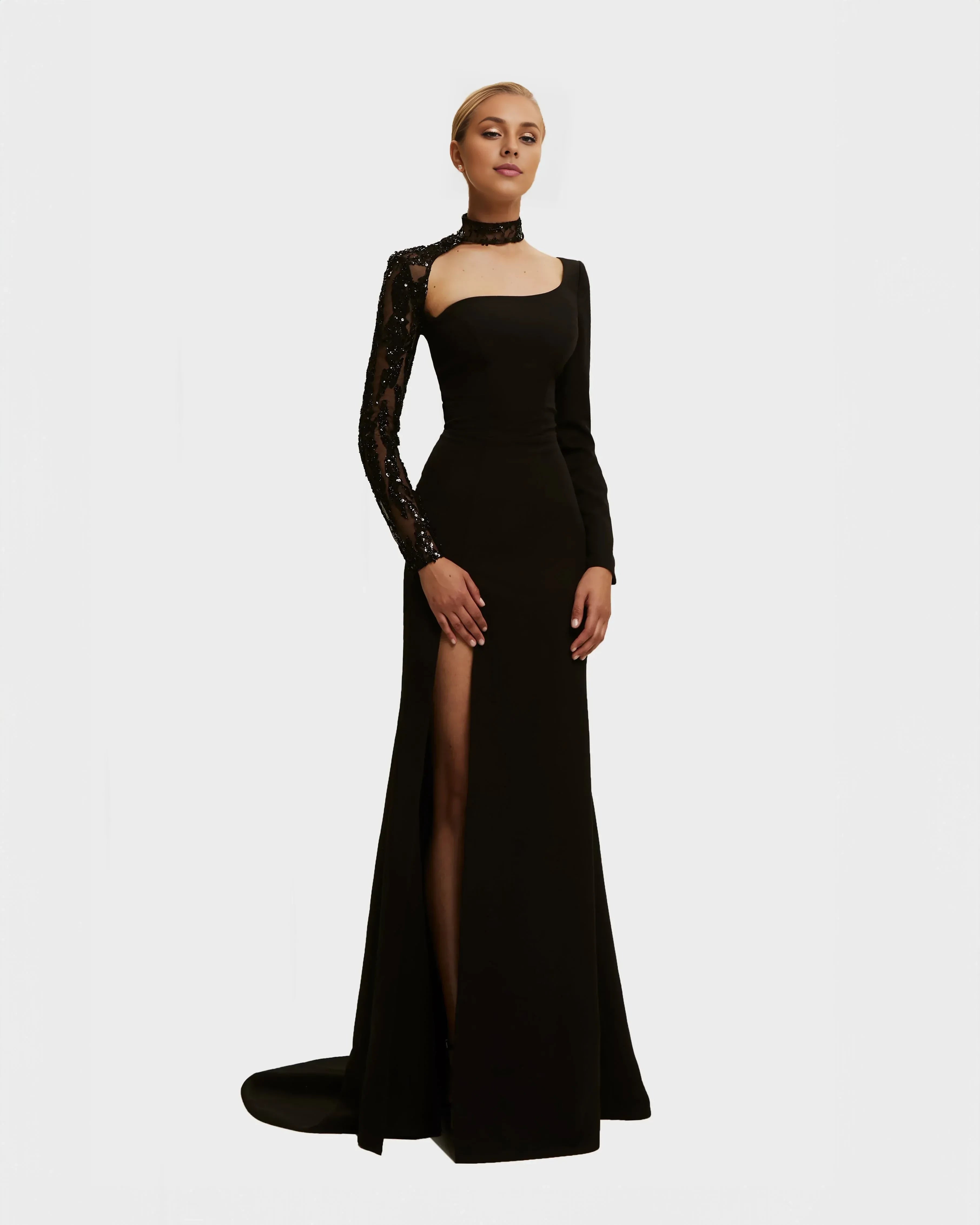 Dramatic Mermaid Asymmetric Neck Embellished Sleeve Zipper Back Floor Length Evening Dress