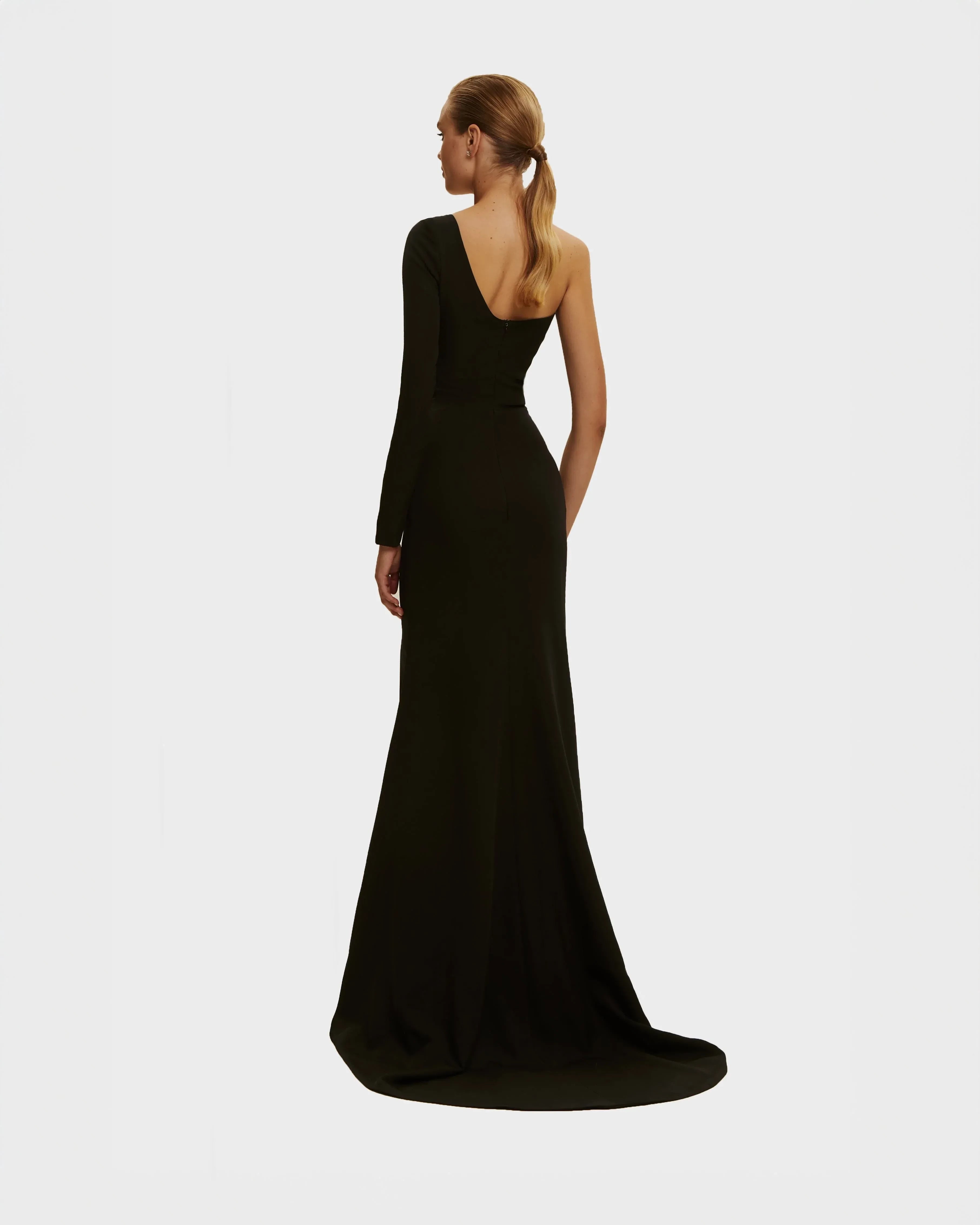 Dramatic Mermaid Asymmetric Neck Embellished Sleeve Zipper Back Floor Length Evening Dress