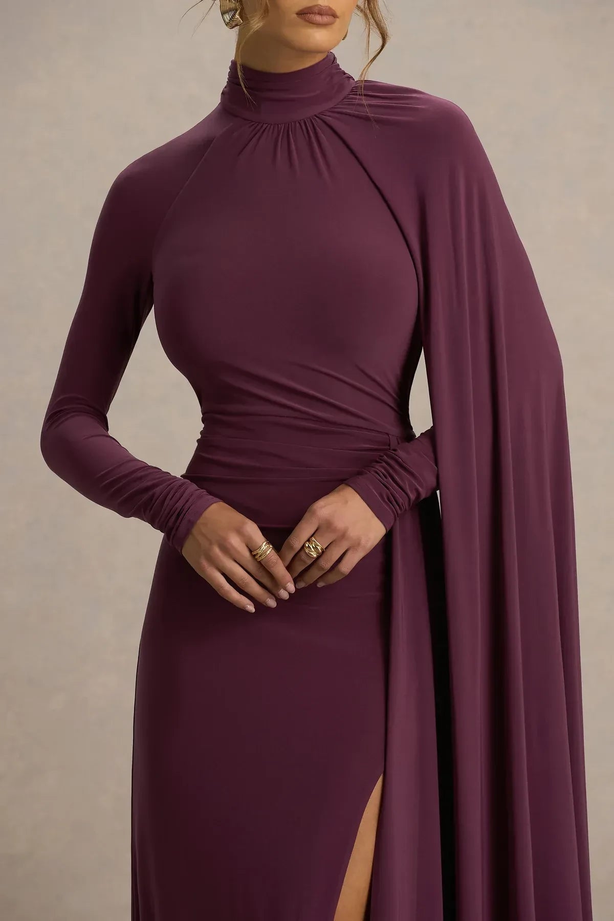 Dramatic Mermaid Mock Neck Cape Sleeve High Slit Floor Length Evening Dress