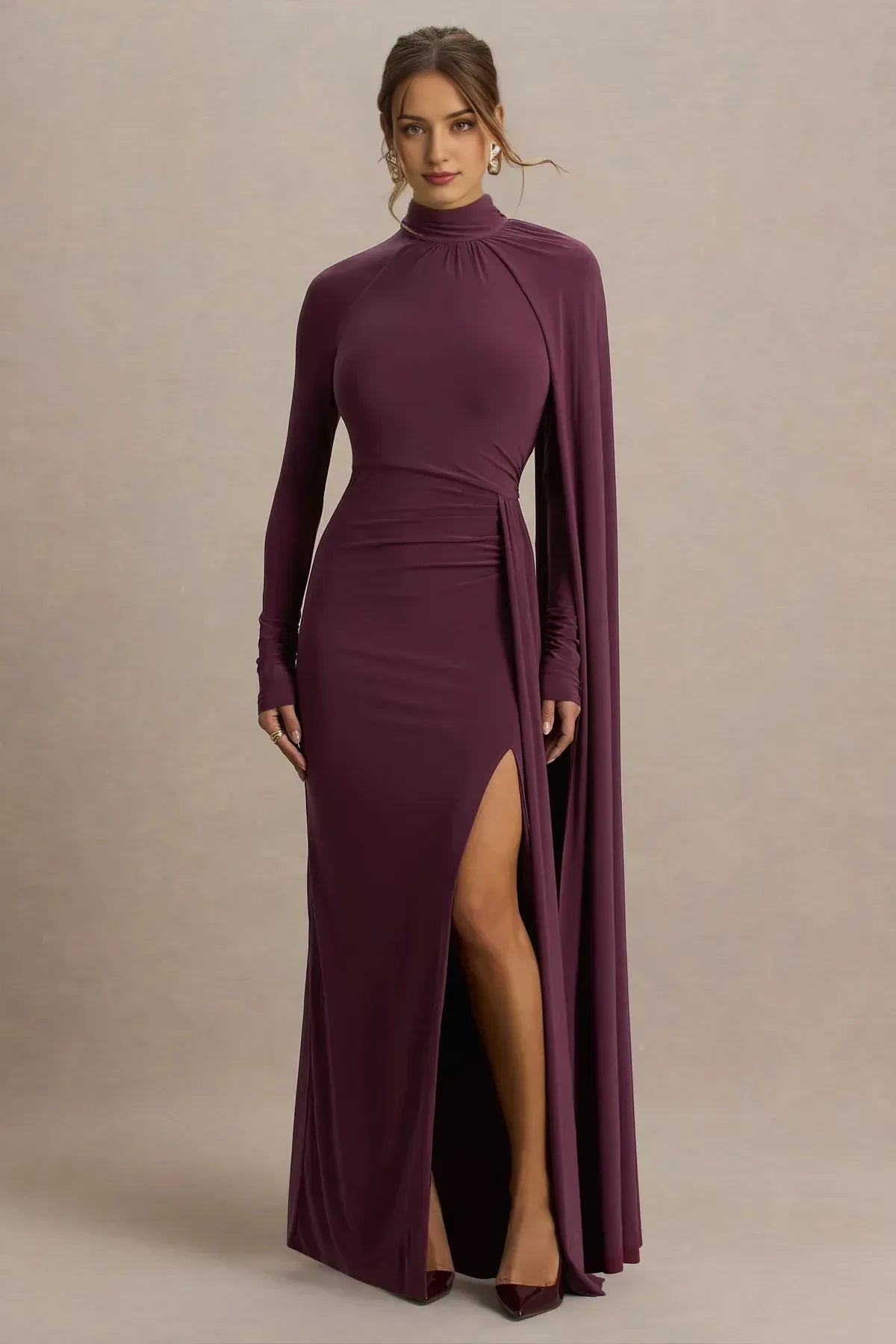 Dramatic Mermaid Mock Neck Cape Sleeve High Slit Floor Length Evening Dress