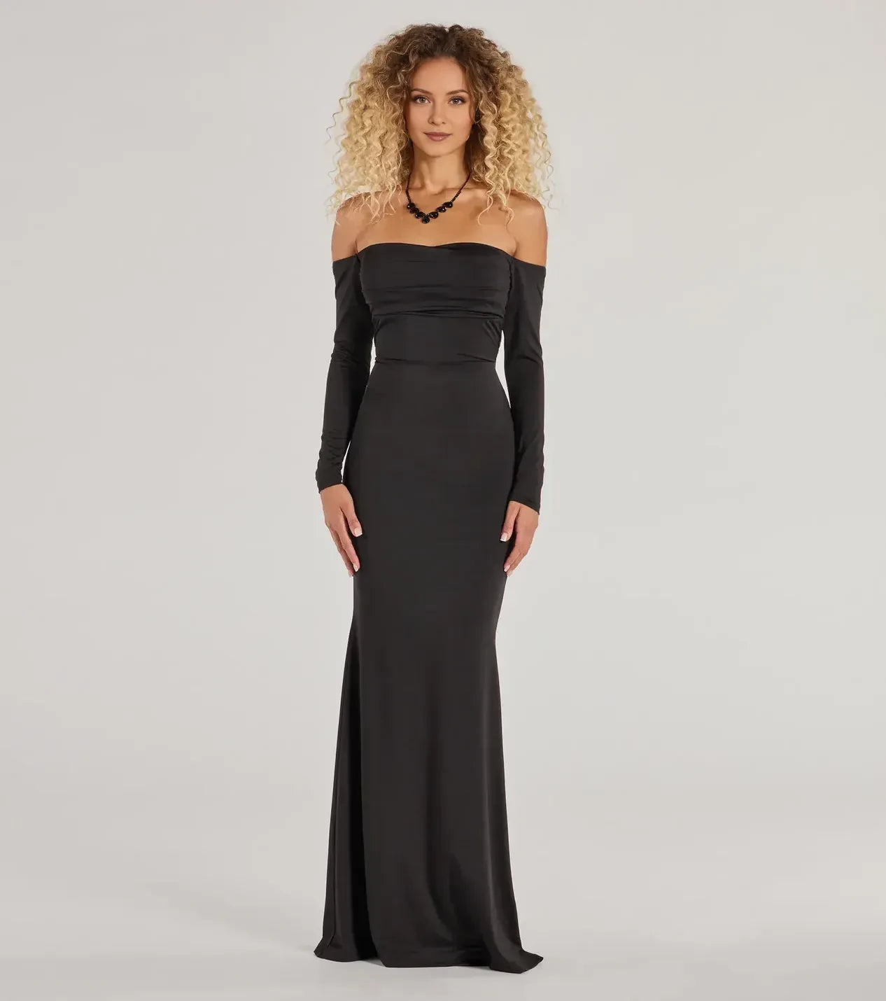 Dramatic Mermaid Off Shoulder Long Sleeve Lace Up Back Floor Length Prom Dress