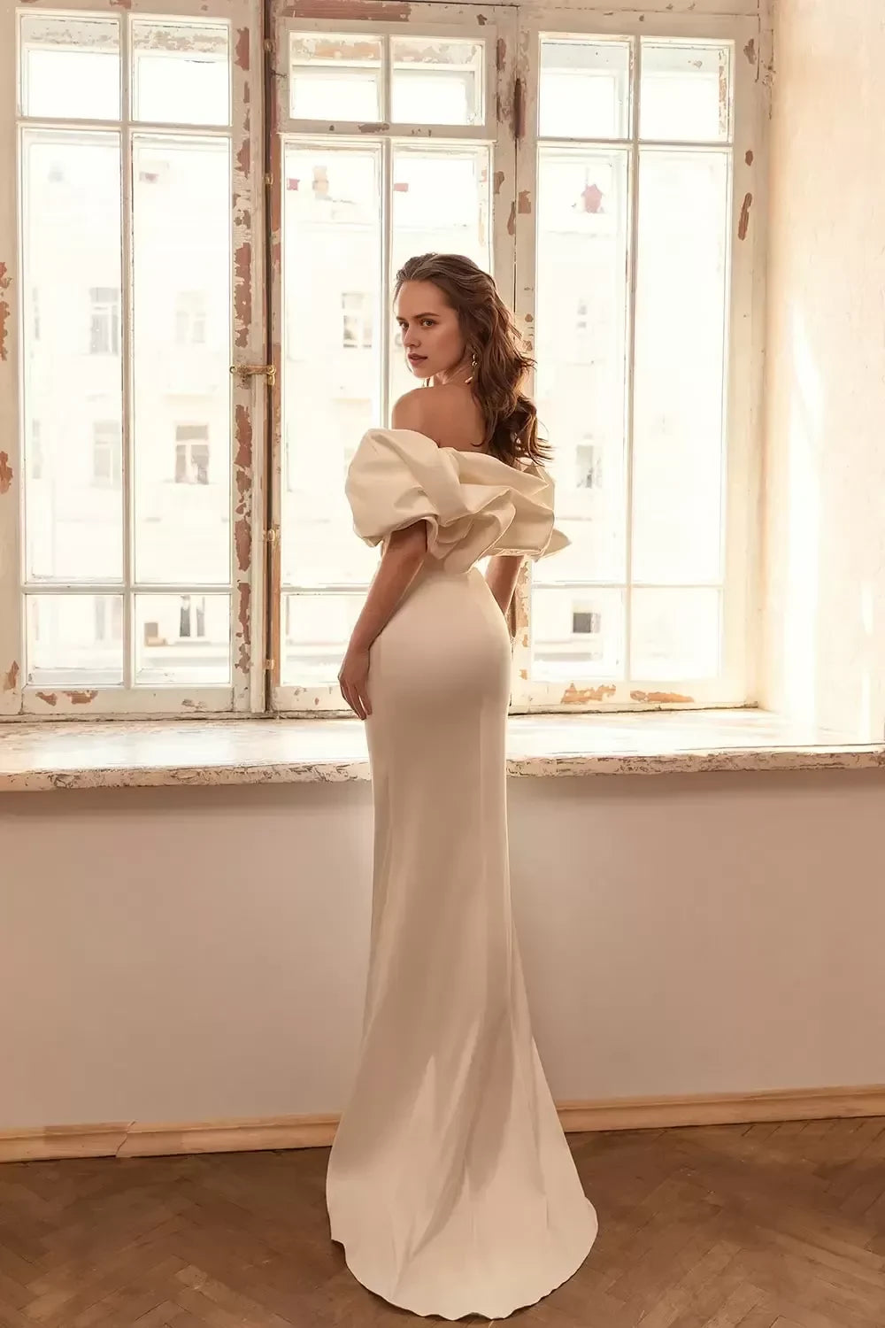 Dramatic Mermaid Off Shoulder Statement Short Sleeve Open Back Long Length Wedding Dress
