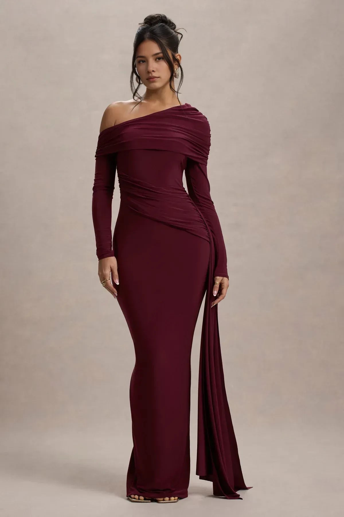 Dramatic Mermaid One Shoulder Long Sleeve Open Back Long Length Evening Dress