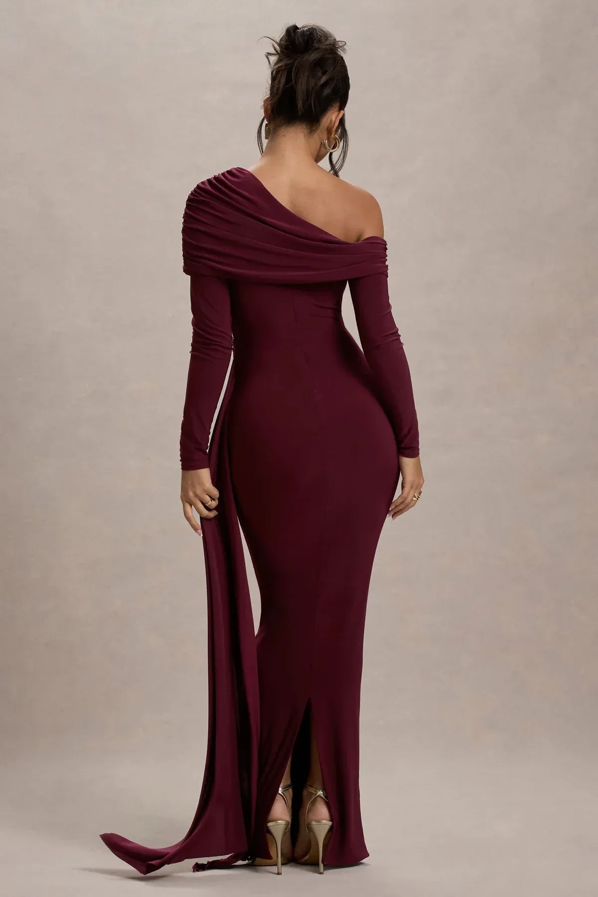Dramatic Mermaid One Shoulder Long Sleeve Open Back Long Length Evening Dress