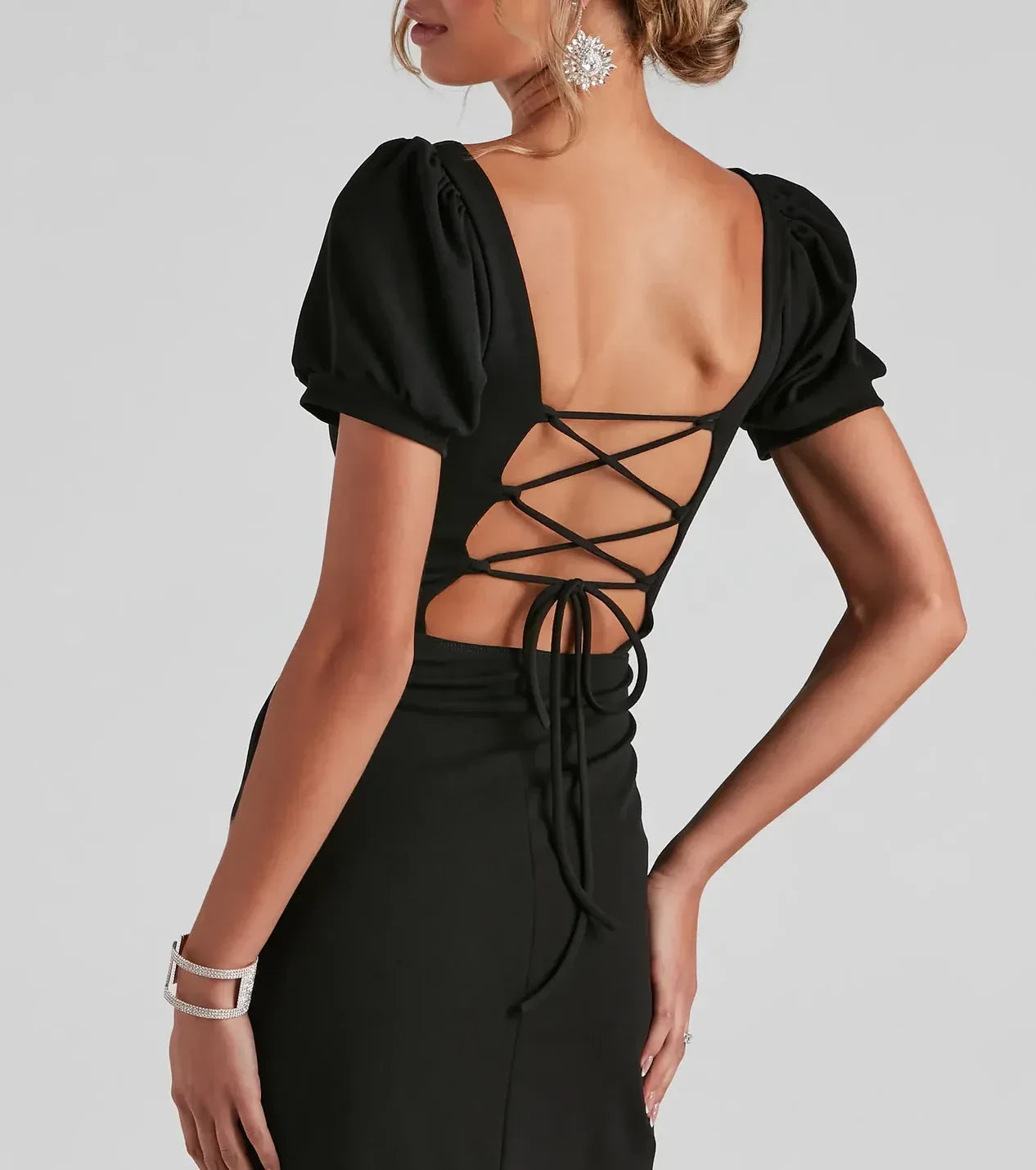 Dramatic Mermaid Square Neck Puff Short Sleeve Lace Up Back Floor Length Prom Dress