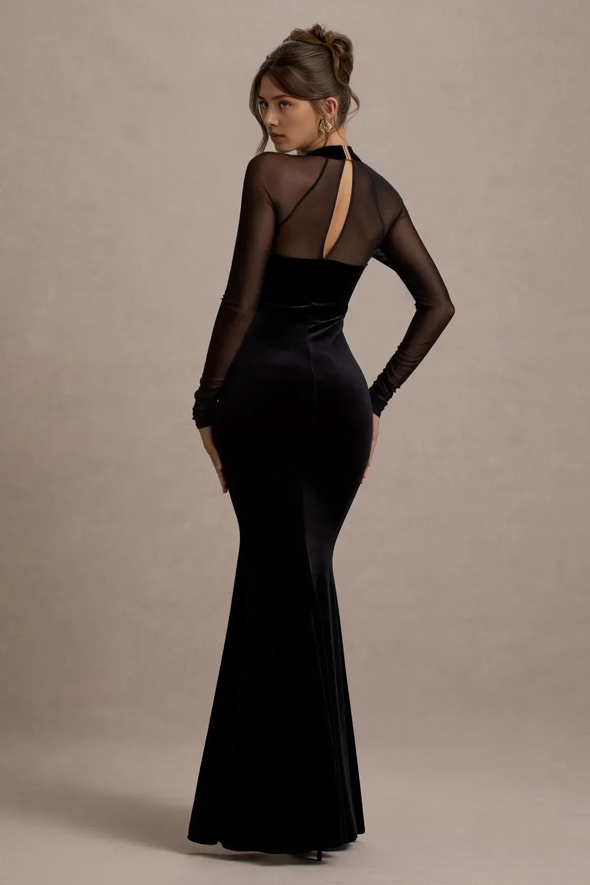 Dramatic Mermaid Square Neck Sheer Long Sleeve Open Back Long Length Evening Dress