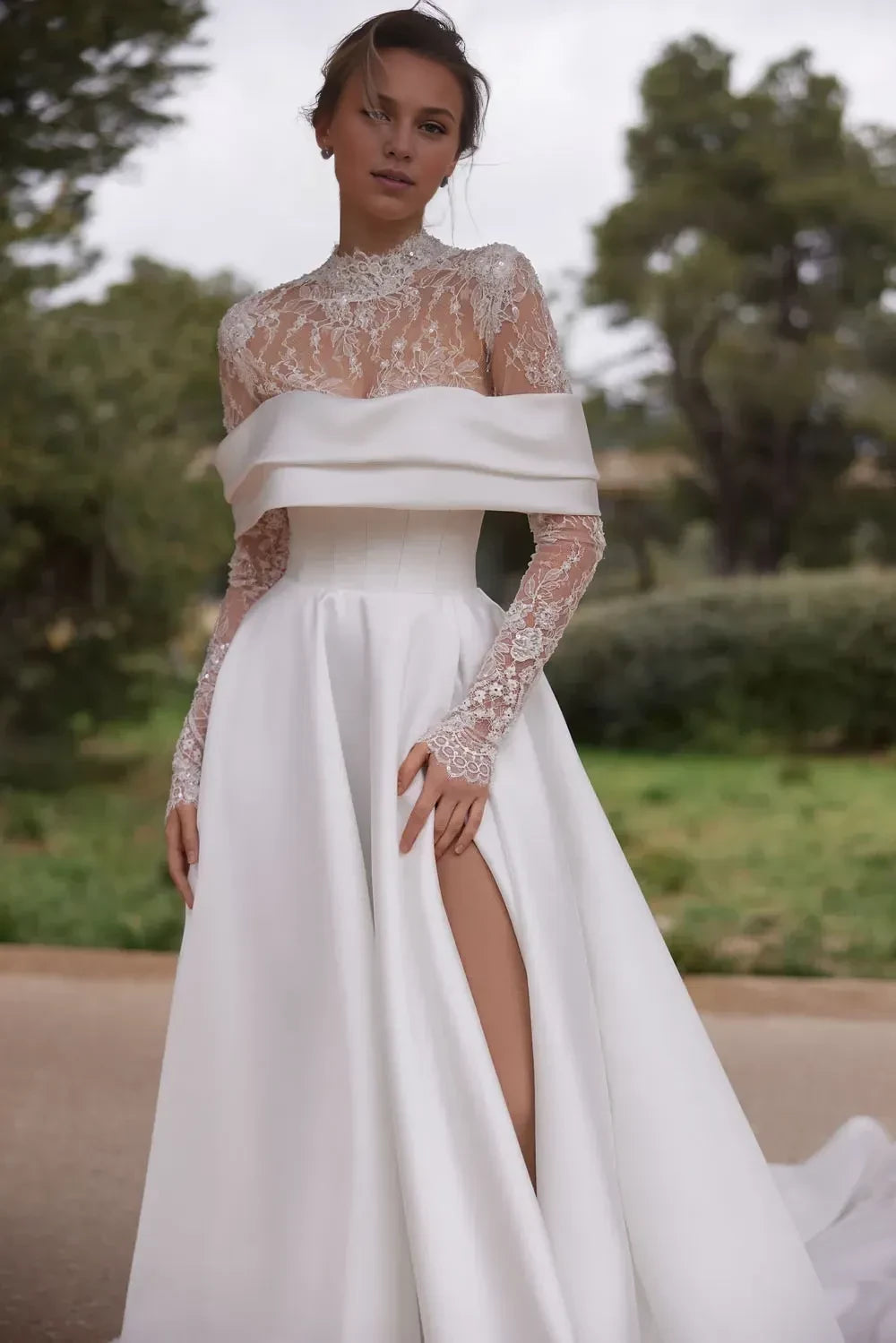 Dramatic Off Shoulder Ball Gown Lace Long Sleeve Zip Back Train Length Wedding Dress