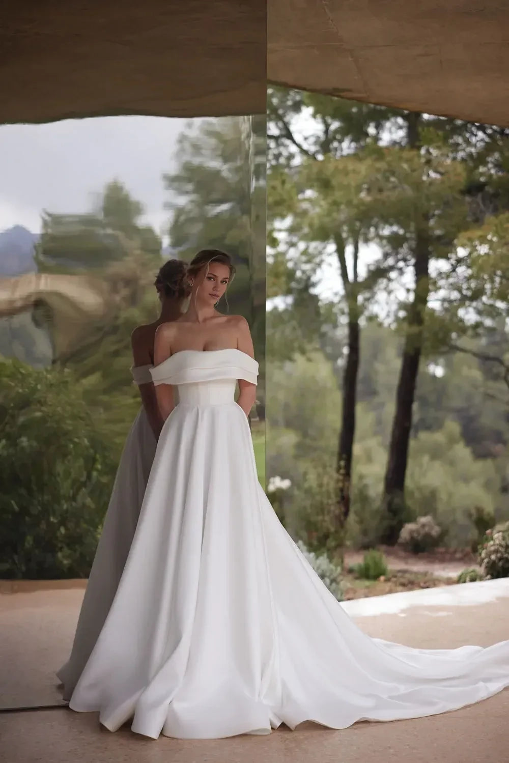 Dramatic Off Shoulder Ball Gown Lace Long Sleeve Zip Back Train Length Wedding Dress