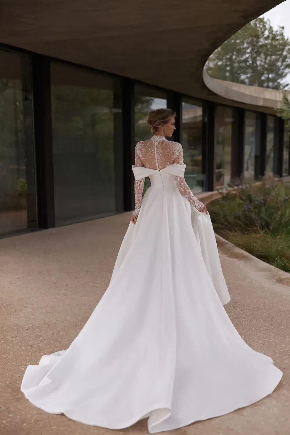 Dramatic Off Shoulder Ball Gown Lace Long Sleeve Zip Back Train Length Wedding Dress