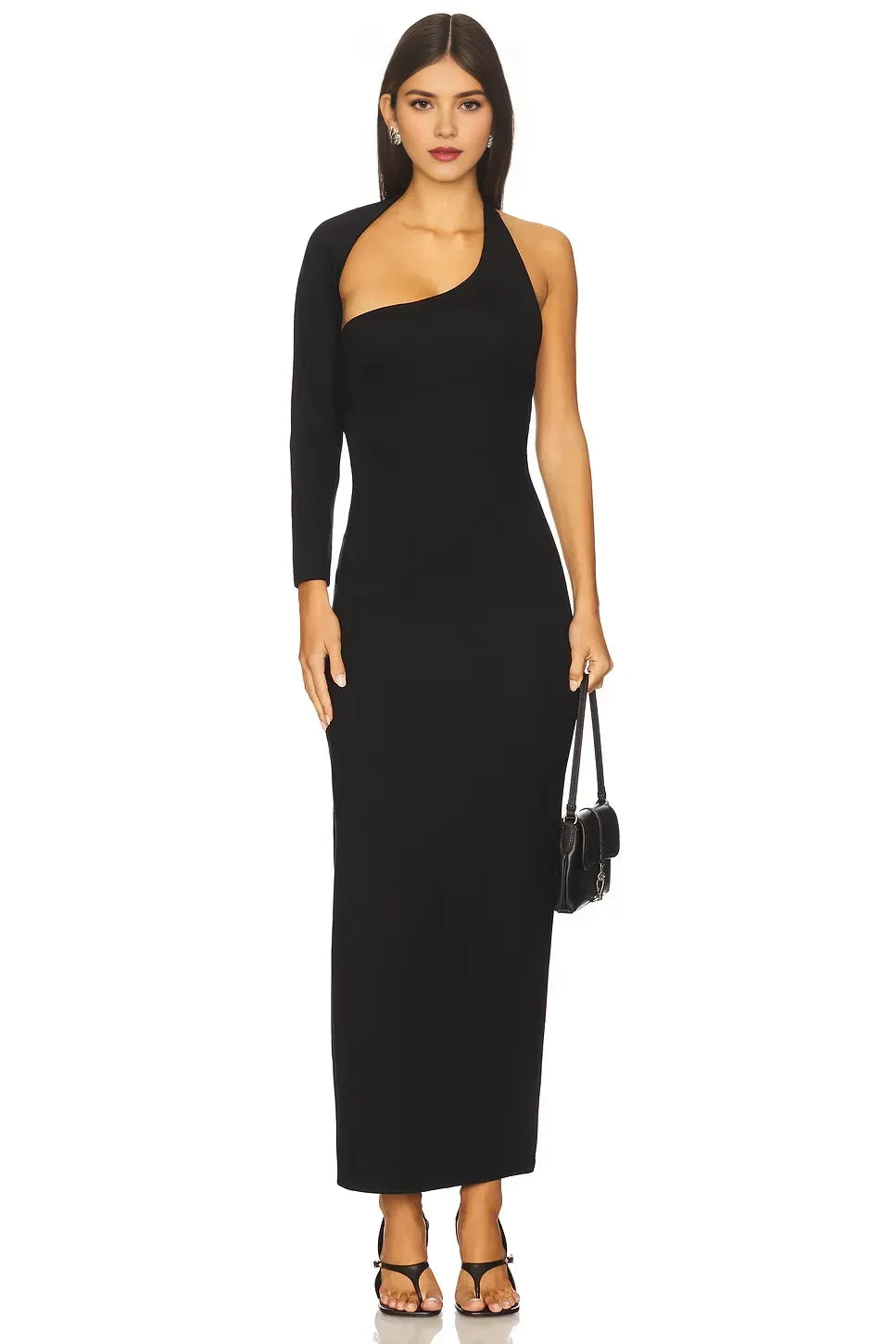 Dramatic Sheath Asymmetric Neck One Sleeve Cutout Back Floor Length Prom Dress