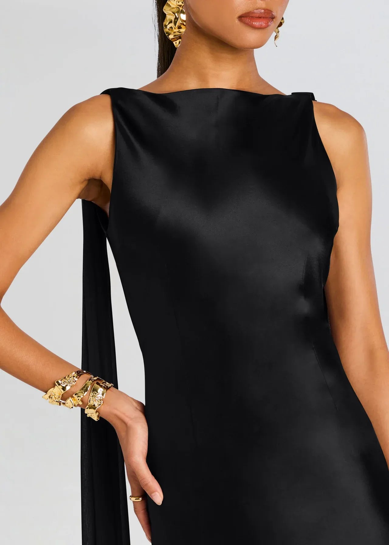 Dramatic Sheath Boat Neck Sleeveless Cape Back Floor Length Plus Size Prom Dress