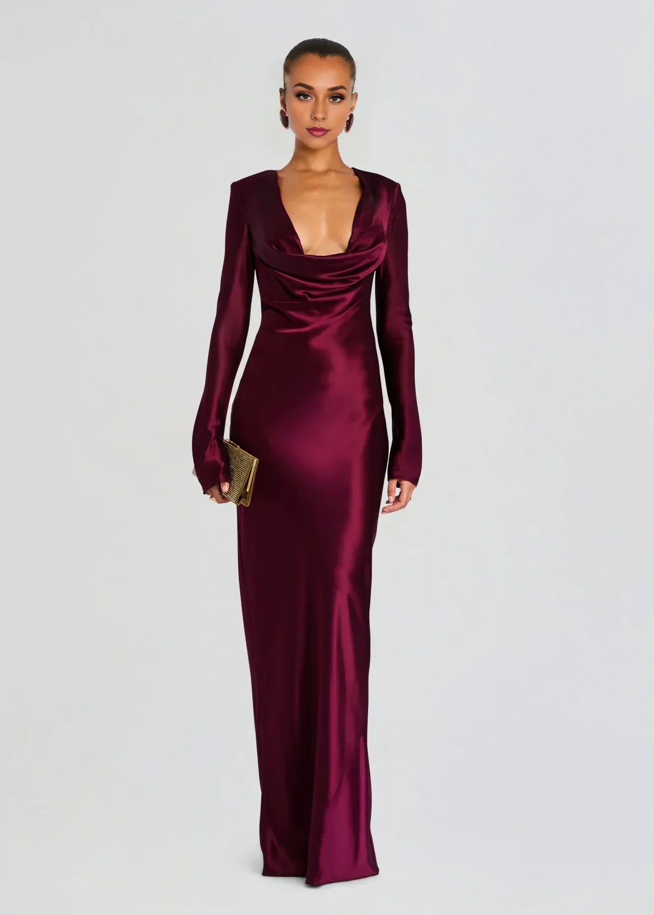 Dramatic Sheath Cowl Neck Long Sleeve Back Slit Floor Length Plus Size Evening Dress