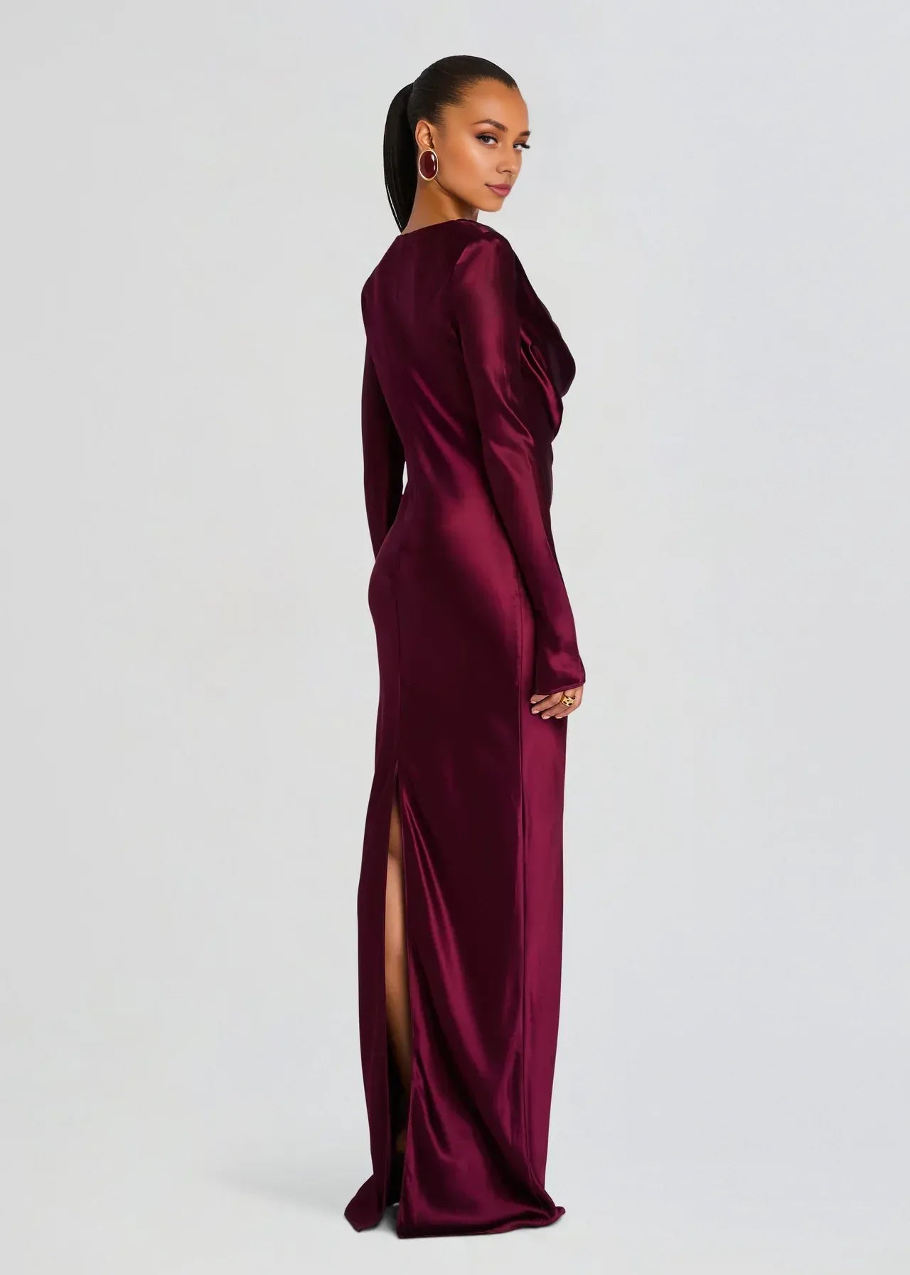 Dramatic Sheath Cowl Neck Long Sleeve Back Slit Floor Length Plus Size Evening Dress