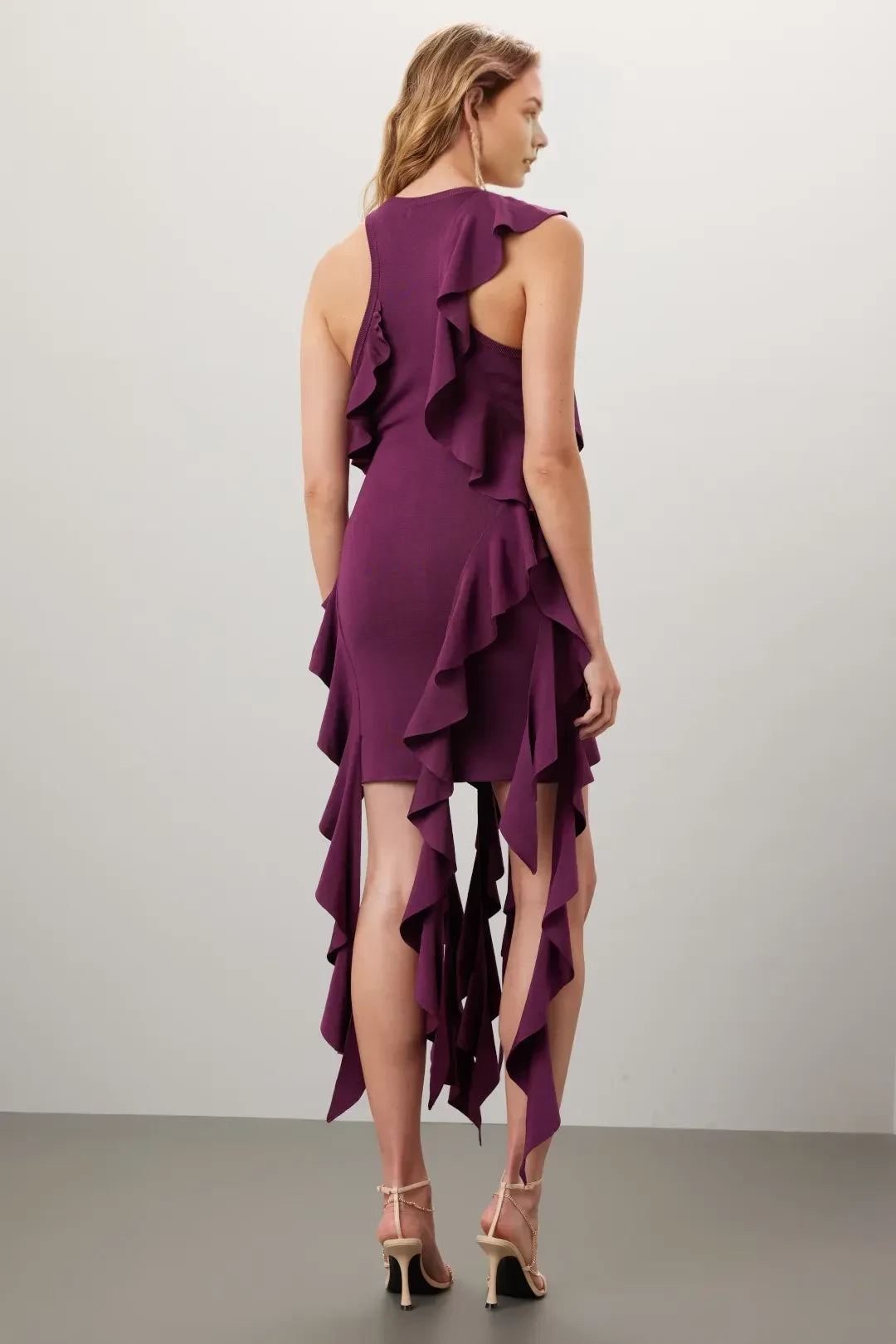 Dramatic Sheath Crew Neck Asymmetric Ruffle Sleeveless Midi Length Plus Size Prom Dress