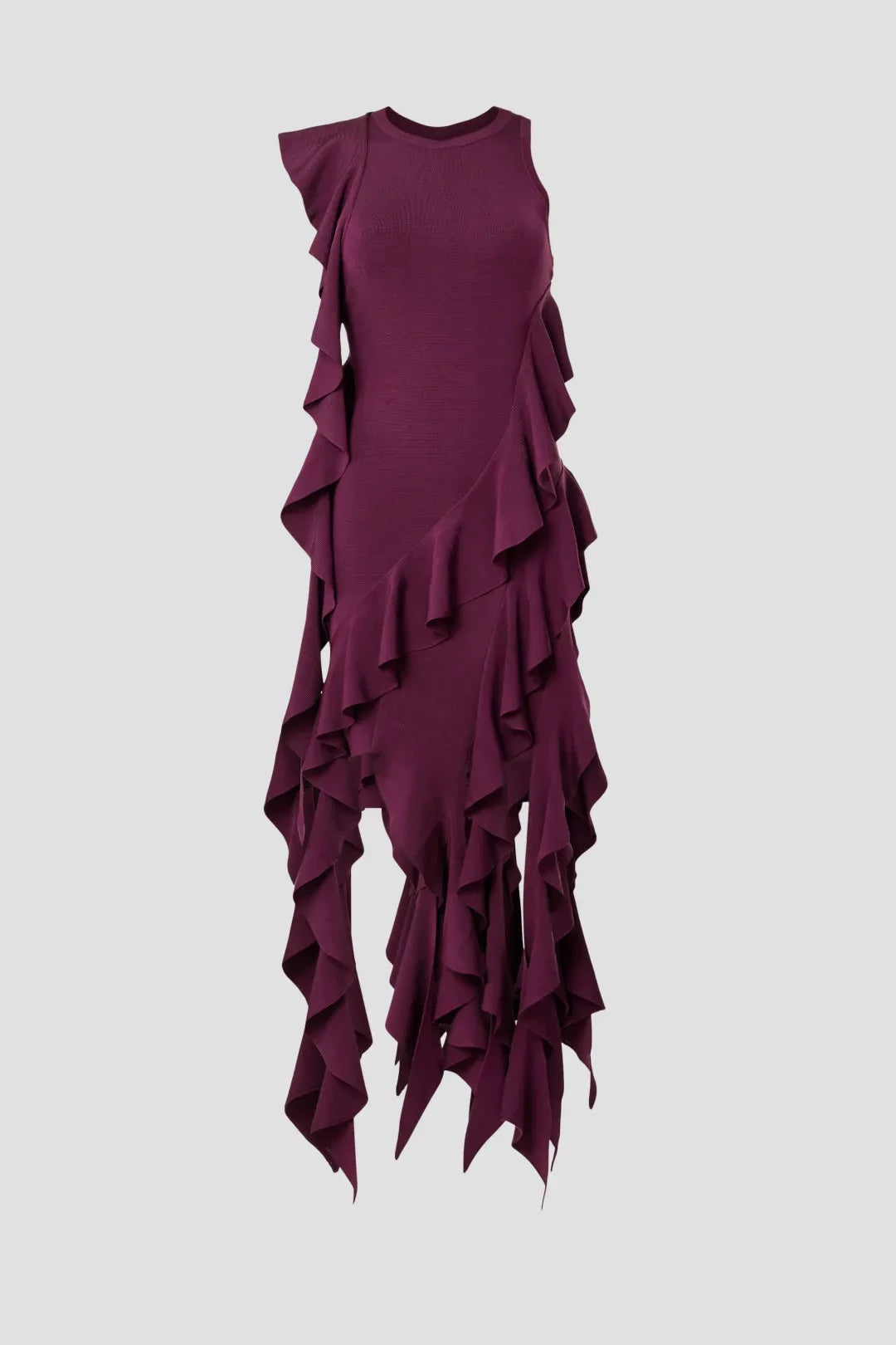 Dramatic Sheath Crew Neck Asymmetric Ruffle Sleeveless Midi Length Plus Size Prom Dress