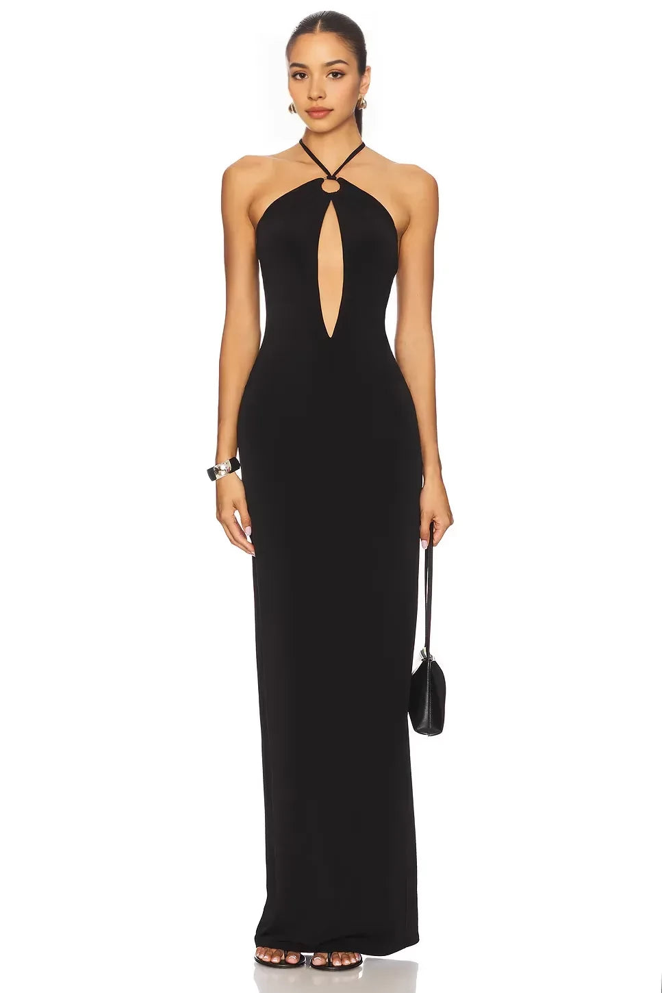 Dramatic Sheath Halter Neck Cutout Front High Slit Floor Length Prom Dress