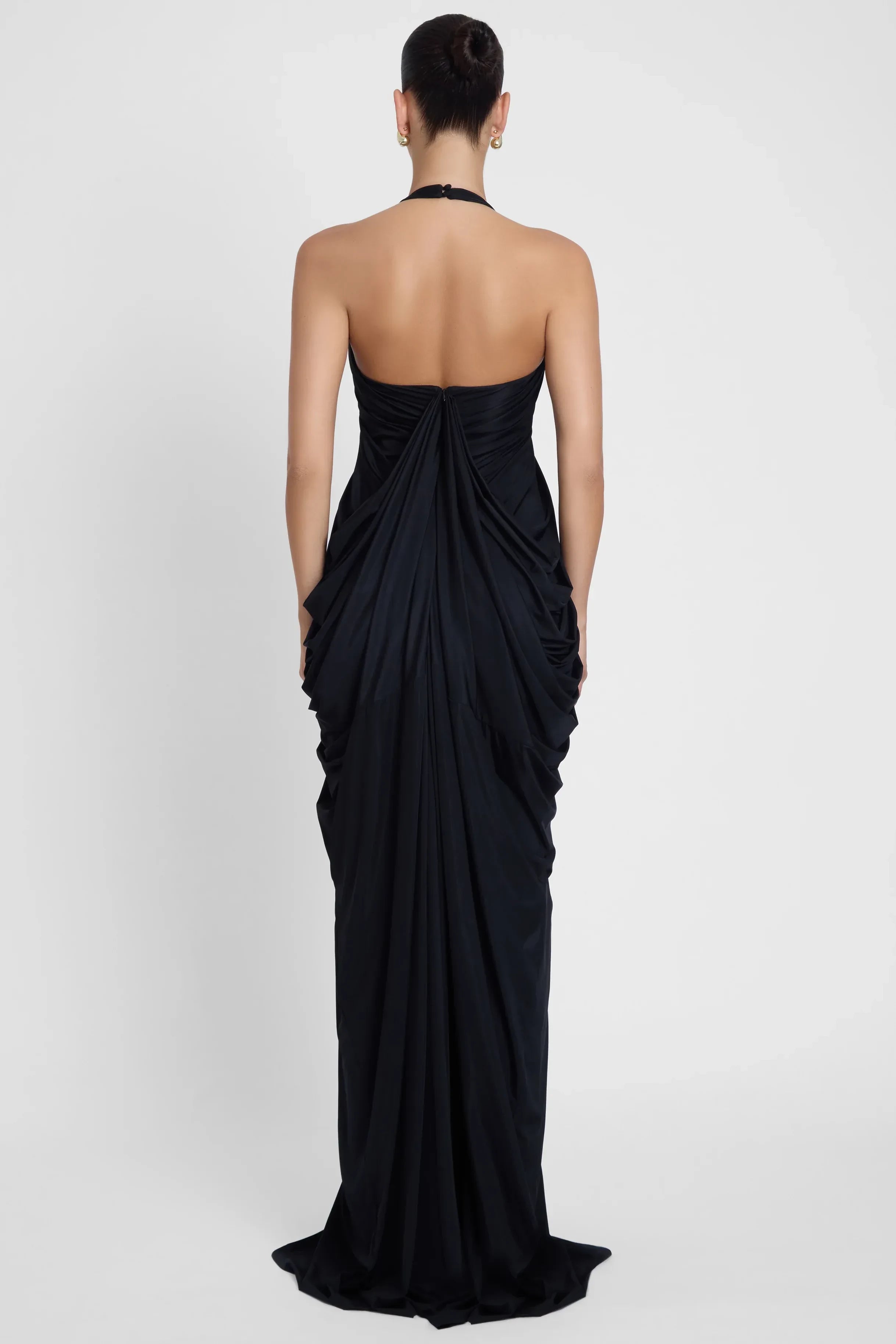 Dramatic Sheath Halter Neck Sleeveless Ruched Back Floor Length Prom Dress