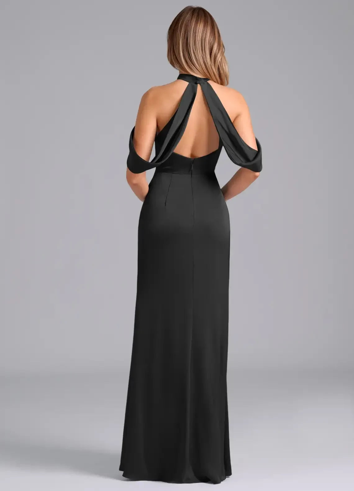 Dramatic Sheath High Neck Cape Sleeve Open Back Floor Length Bridesmaid Dress