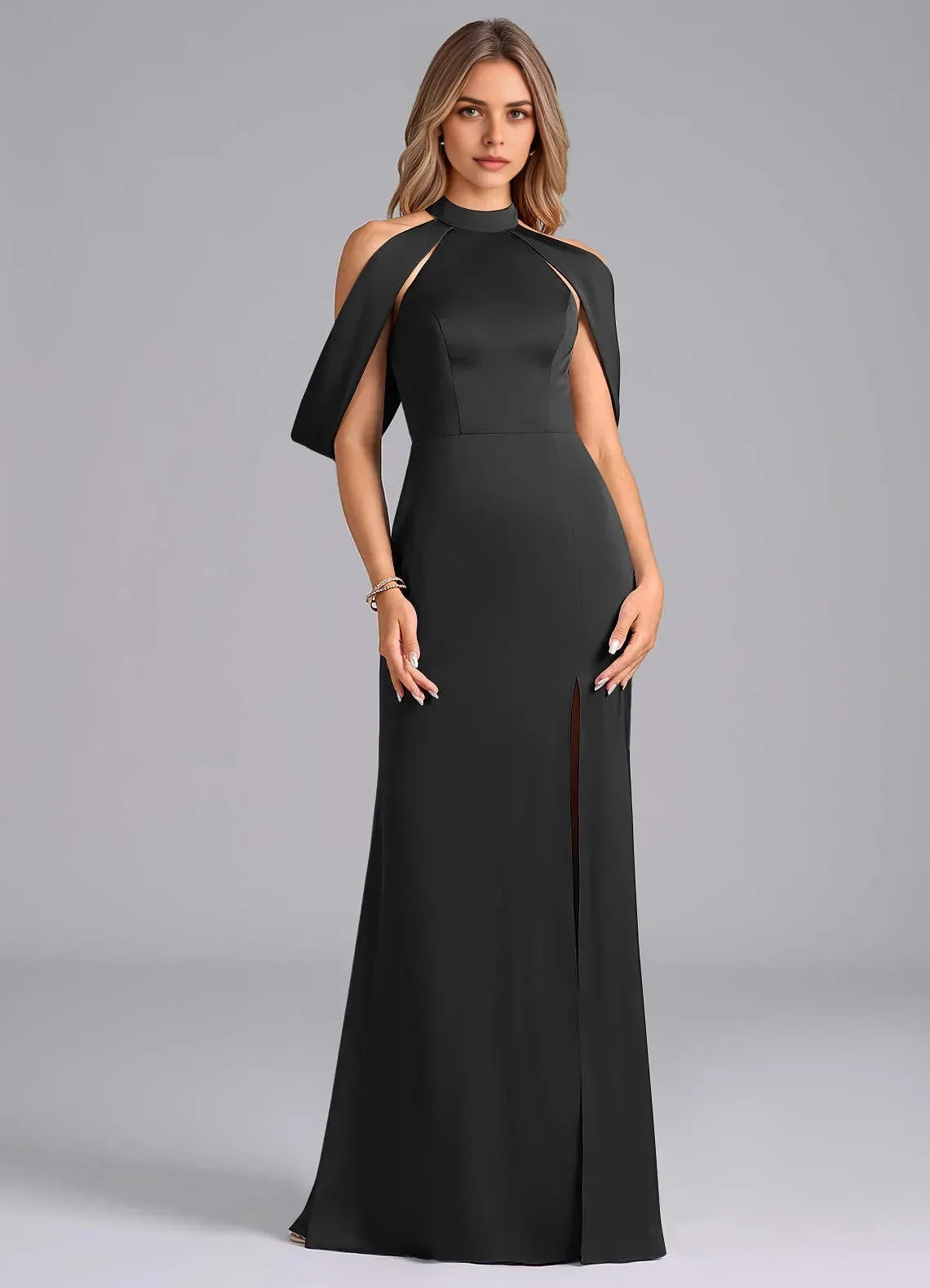 Dramatic Sheath High Neck Cape Sleeve Open Back Floor Length Bridesmaid Dress