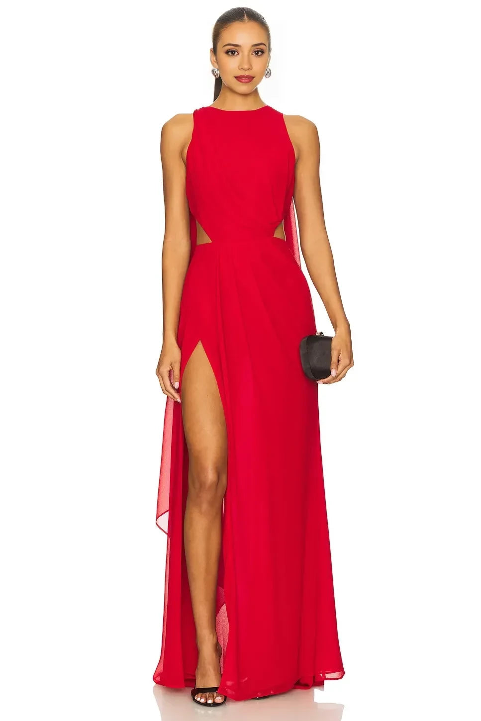 Dramatic Sheath High Neck Sleeveless Cutout Accent High Slit Floor Length Evening Dress