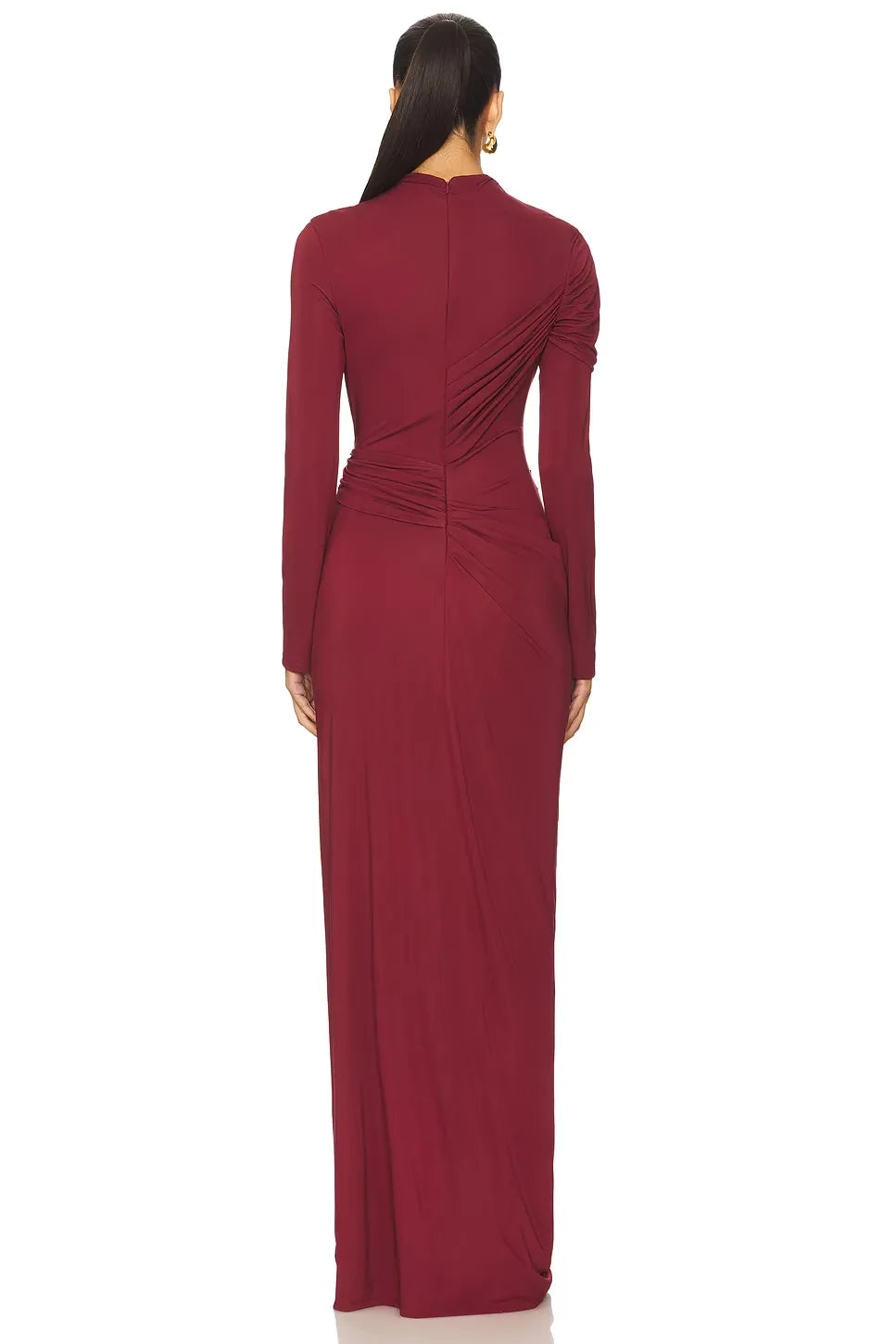 Dramatic Sheath Mock Neck Long Sleeve Ruched Back Floor Length Evening Dress