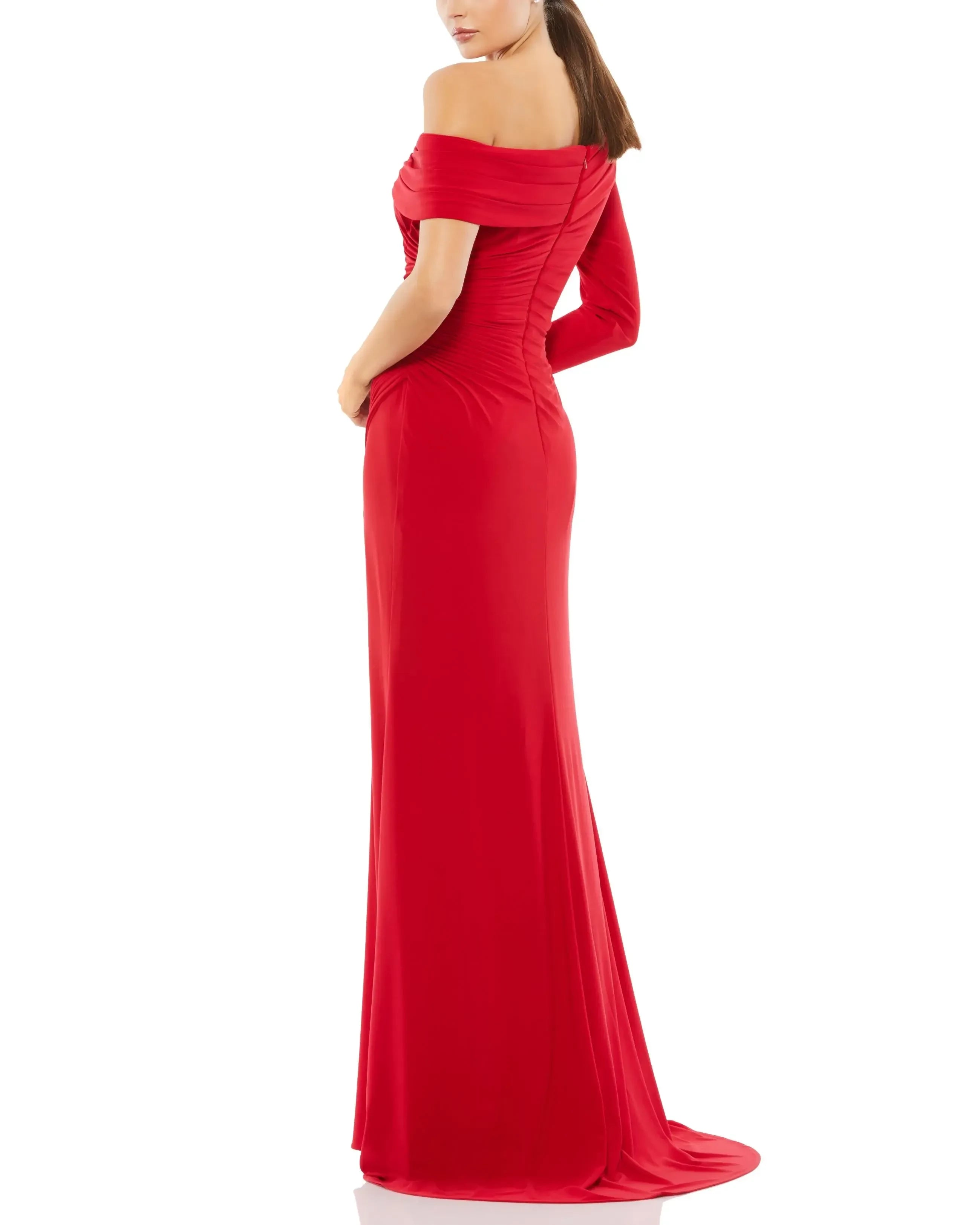 Dramatic Sheath One Shoulder Asymmetric Sleeve Zipper Back Floor Length Evening Dress