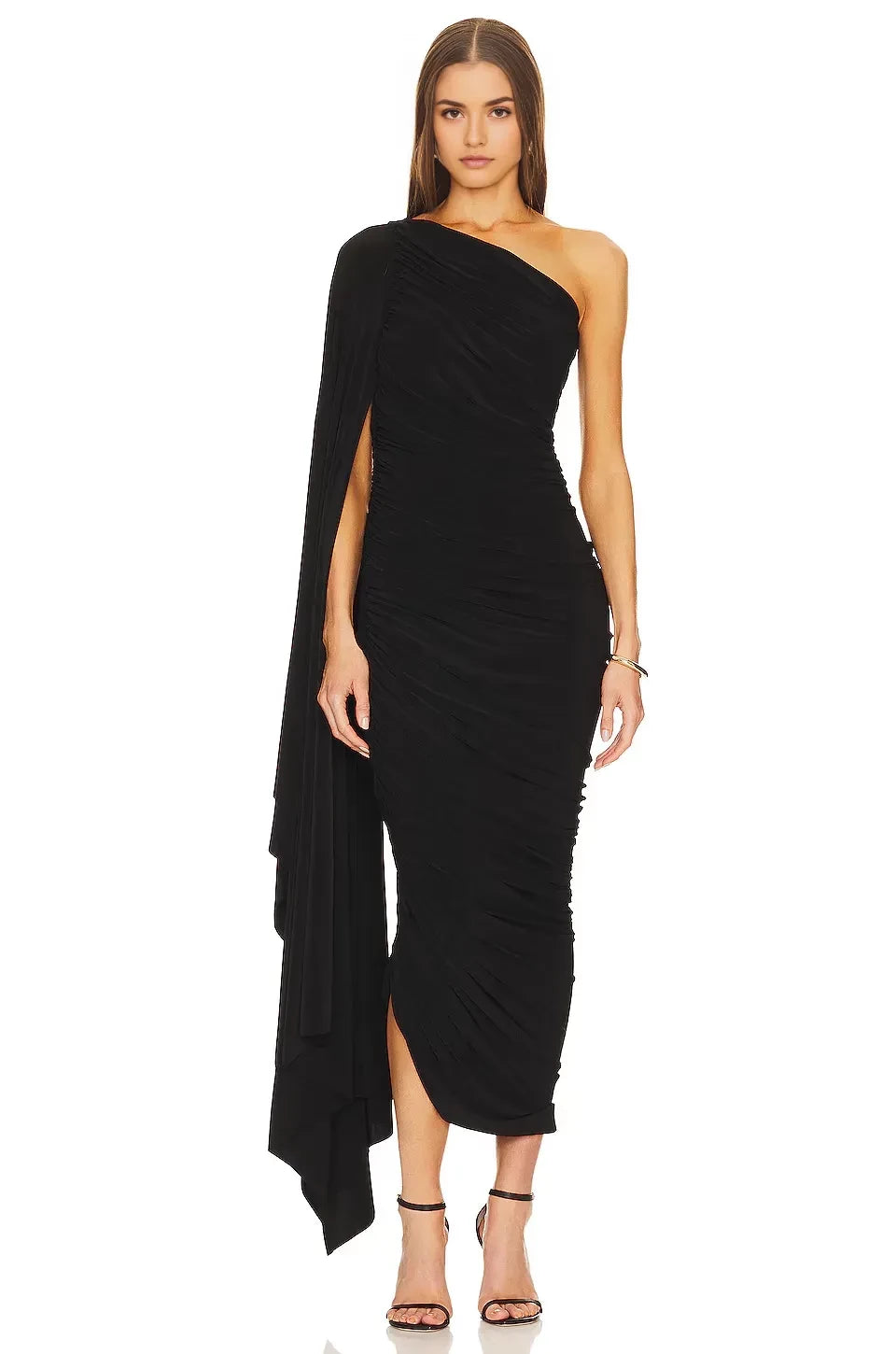 Dramatic Sheath One Shoulder Cape Sleeve Ruched Back Midi Evening Dress
