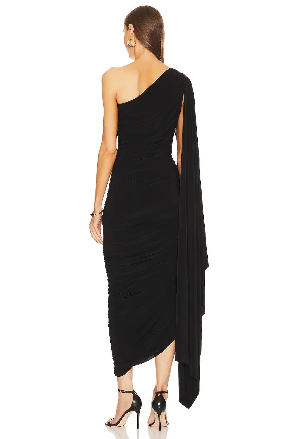 Dramatic Sheath One Shoulder Cape Sleeve Ruched Back Midi Evening Dress