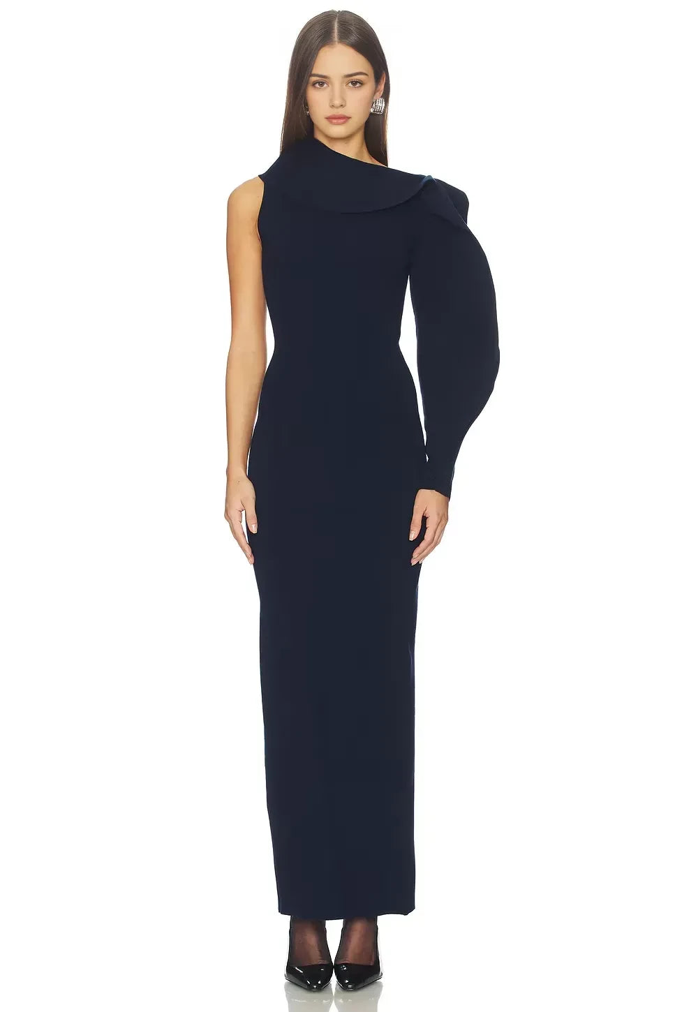 Dramatic Sheath One Shoulder Sculpted Sleeve Solid Back Floor Length Evening Dress