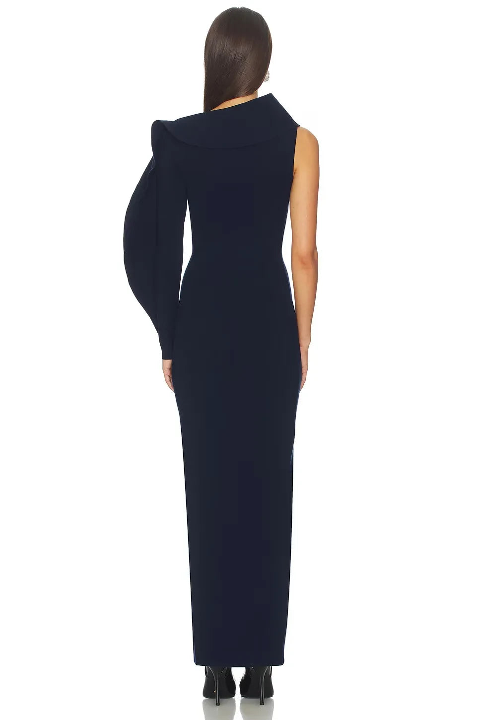 Dramatic Sheath One Shoulder Sculpted Sleeve Solid Back Floor Length Evening Dress