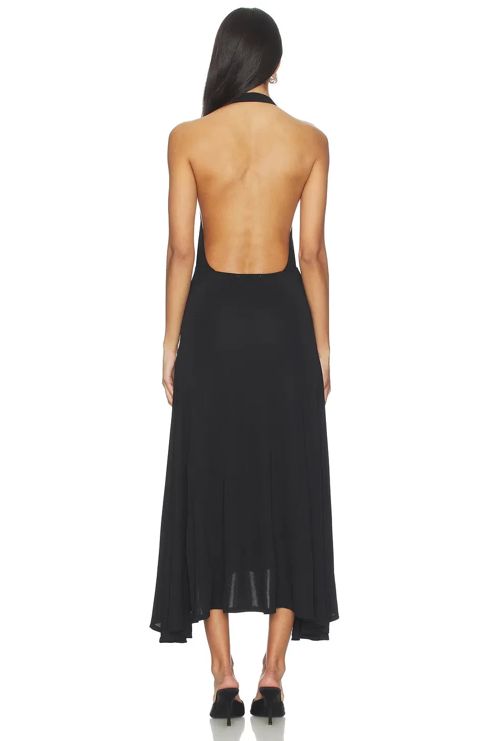 Dramatic Sheath Plunge Halter Neck Sleeveless Open Back High Low Midi Length Prom Dress