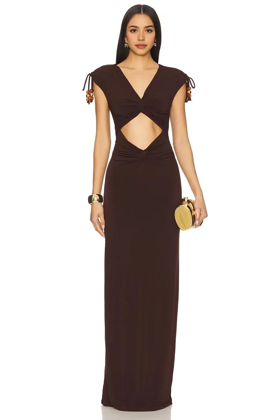 Dramatic Sheath Plunge Neck Cap Sleeve Cutout Detail Floor Length Prom Dress
